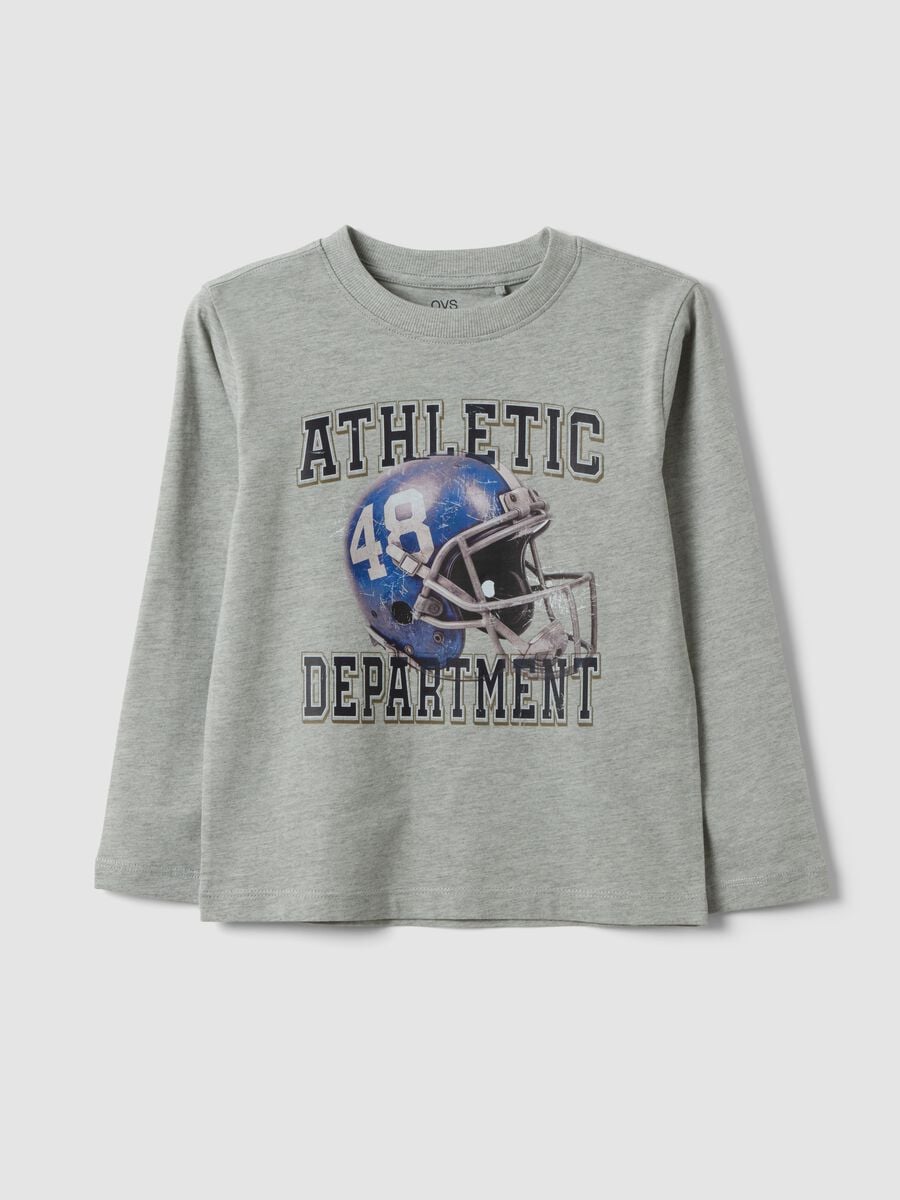 T-shirt grigia in misto cotone e viscosa con stampa college per bambino_0