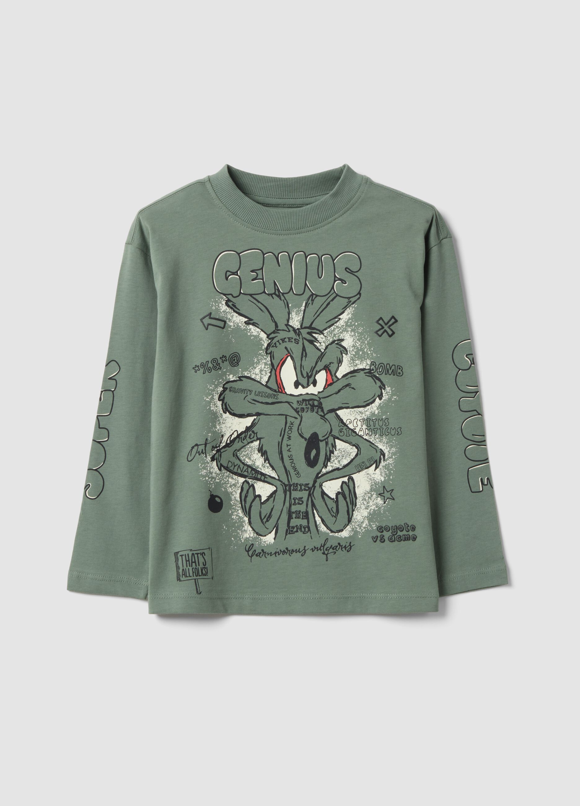 Boys&rsquo; green pure cotton long-sleeve Looney Tunes print T-shirt