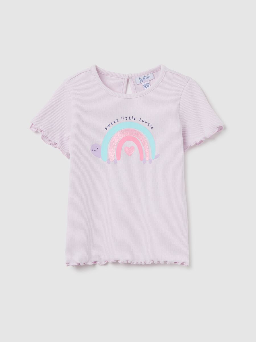 Purple ribbed T-shirt with glitter print_0