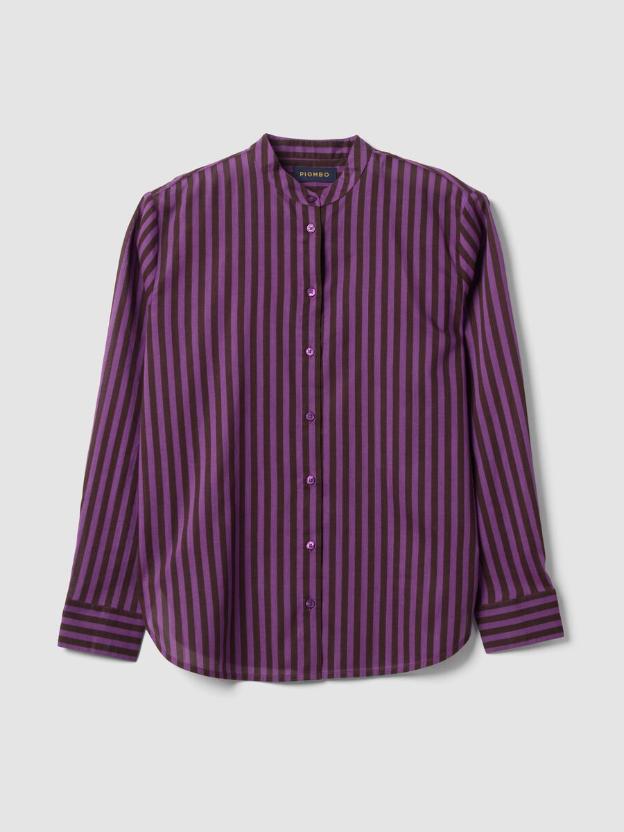 Purple pure cotton striped shirt with grandad collar, regular fit_0