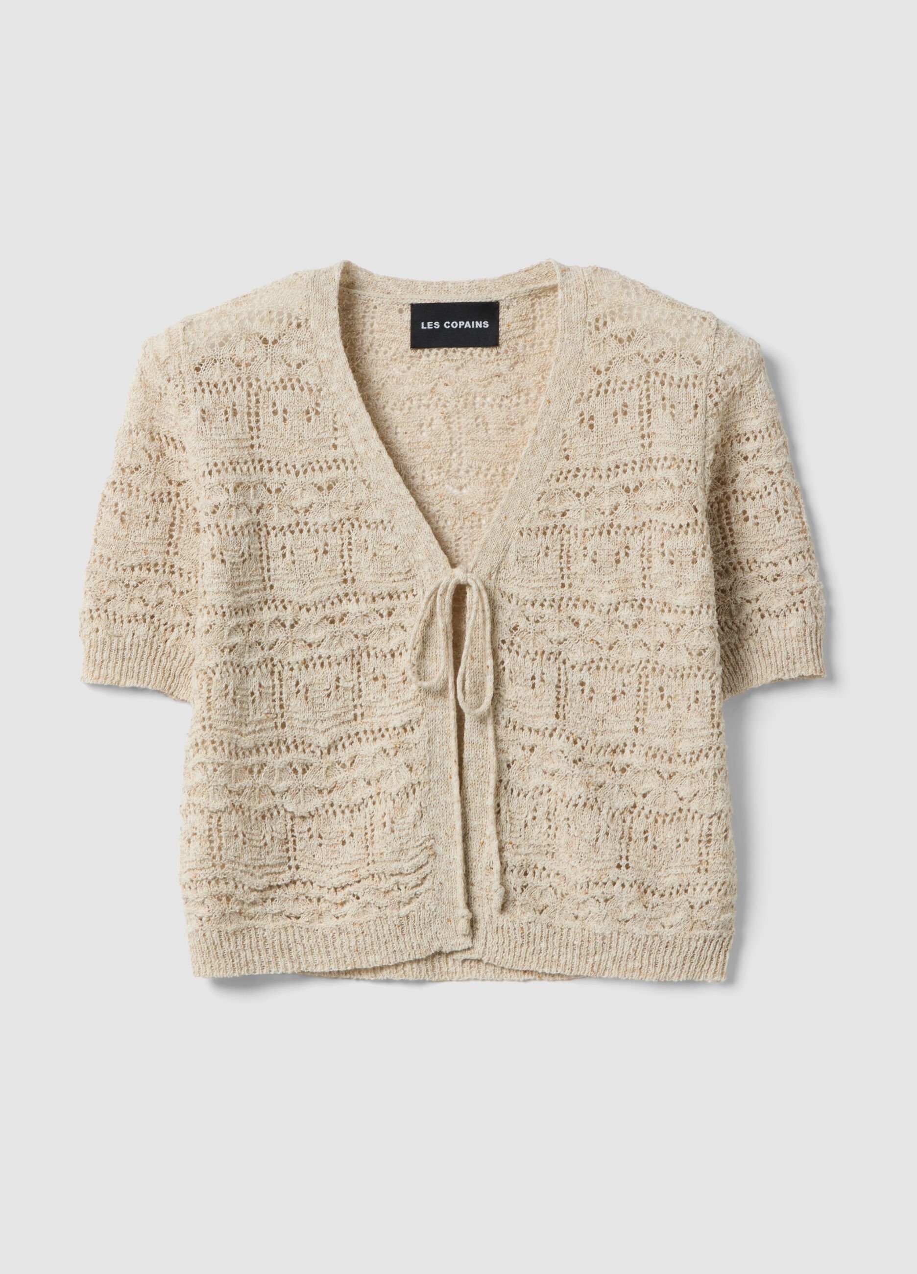 Beige crochet-style cotton and linen blend cardigan with deep V-neck, regular fit