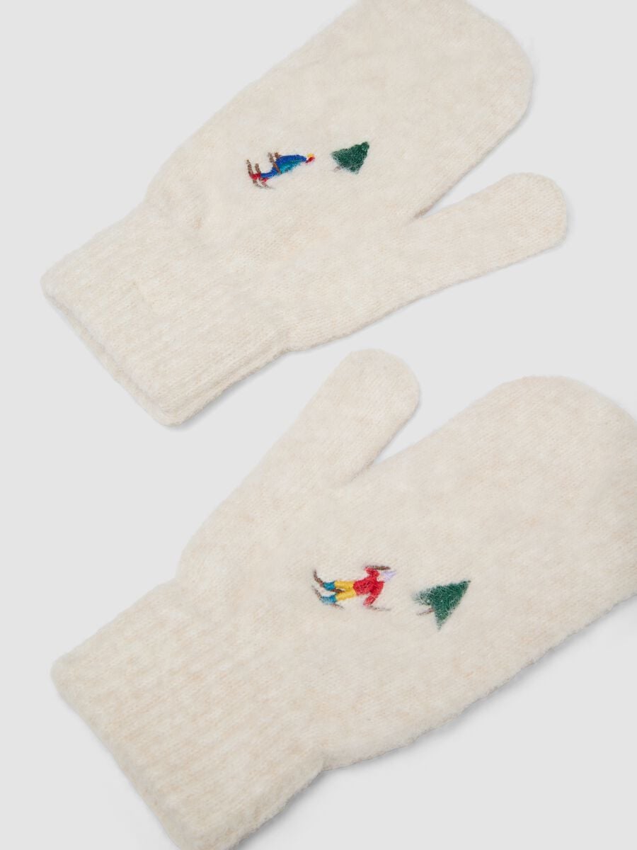 Beige stretch wool-blend gloves with ski embroidery_1