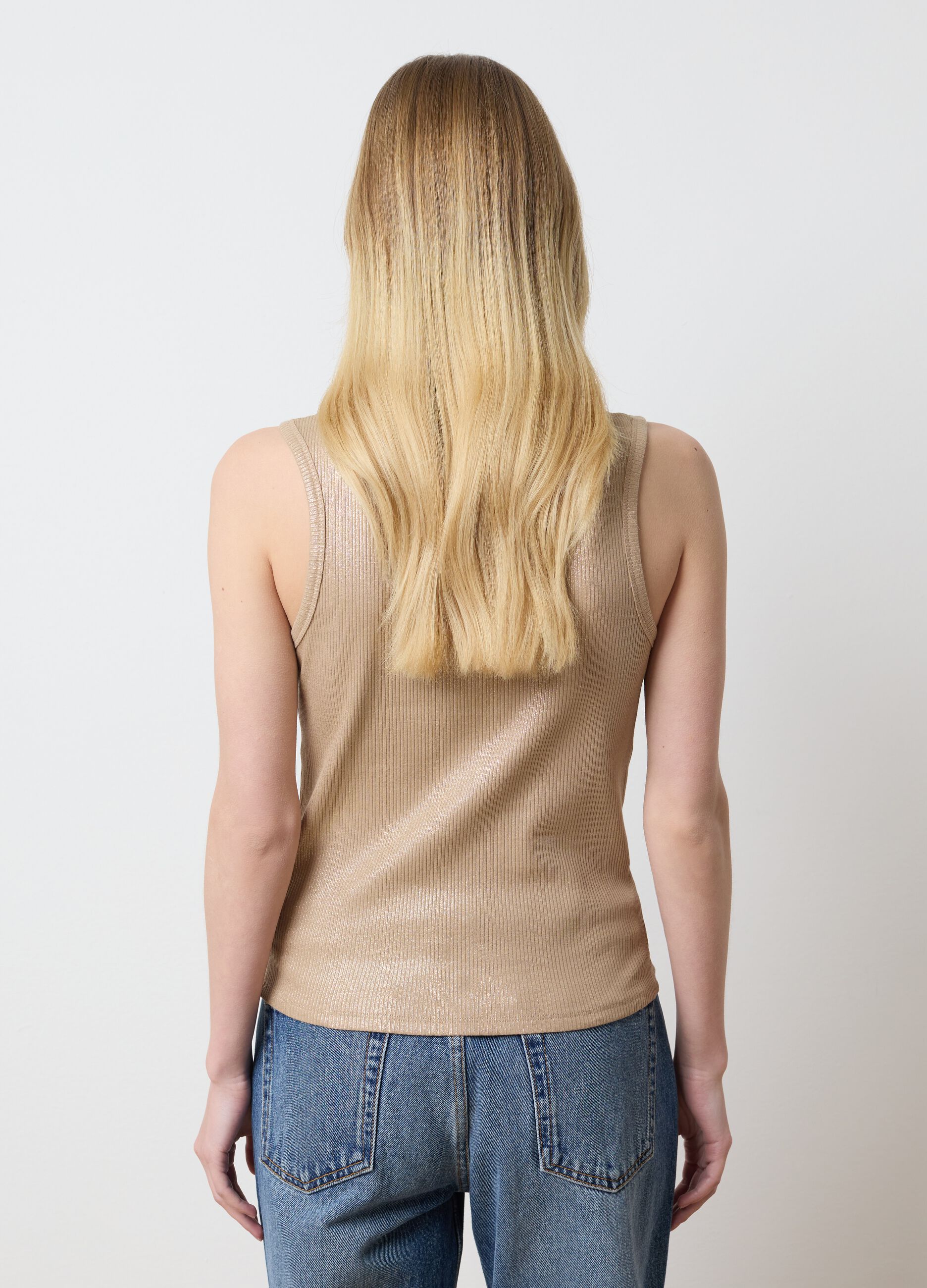 Beige ribbed tank top with lurex
