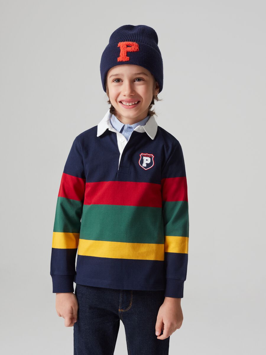 Polo in cotone a righe con patch lettering_0