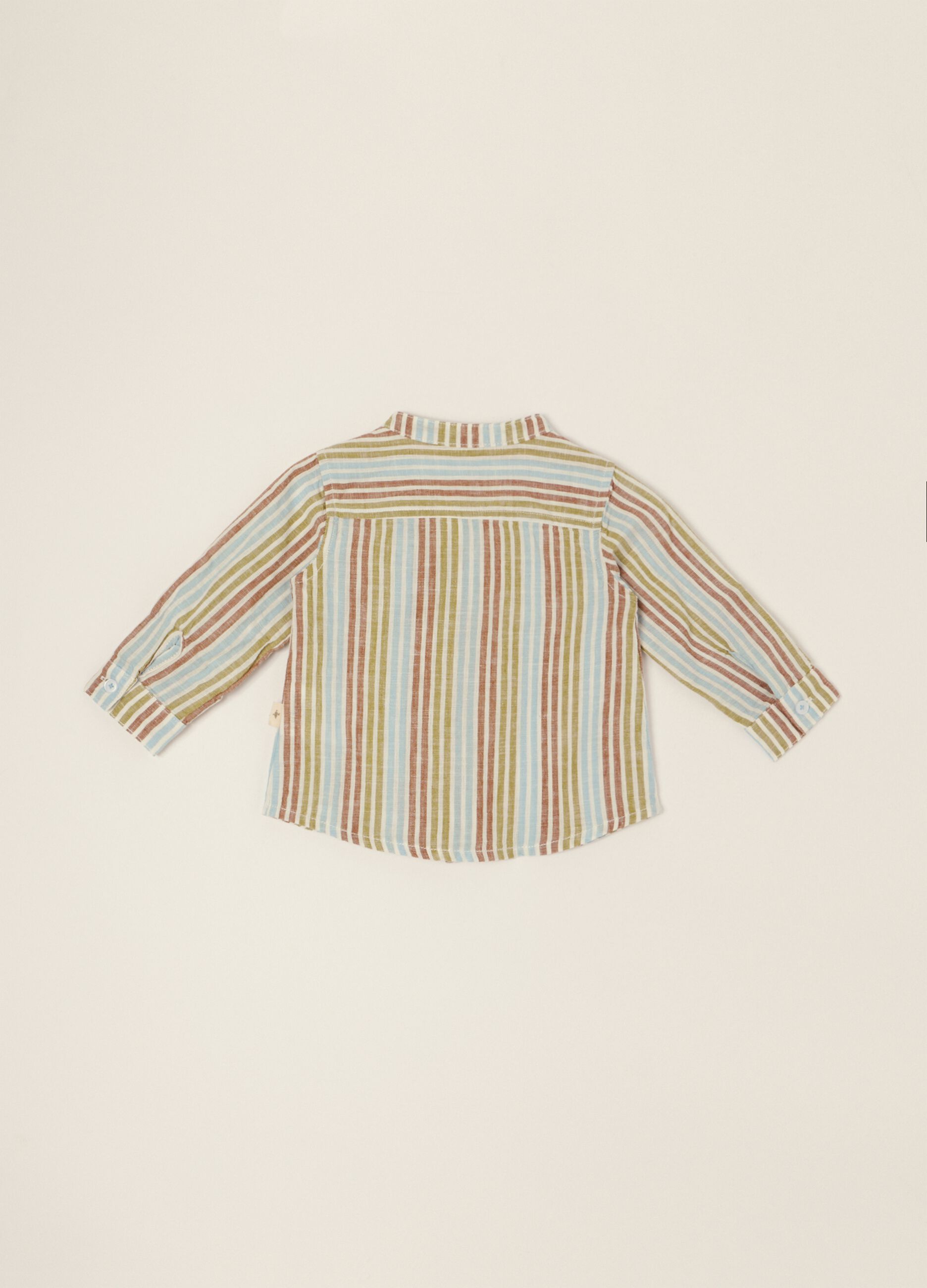 Baby regular-fit striped shirt with mandarin collar in cotton-linen blend