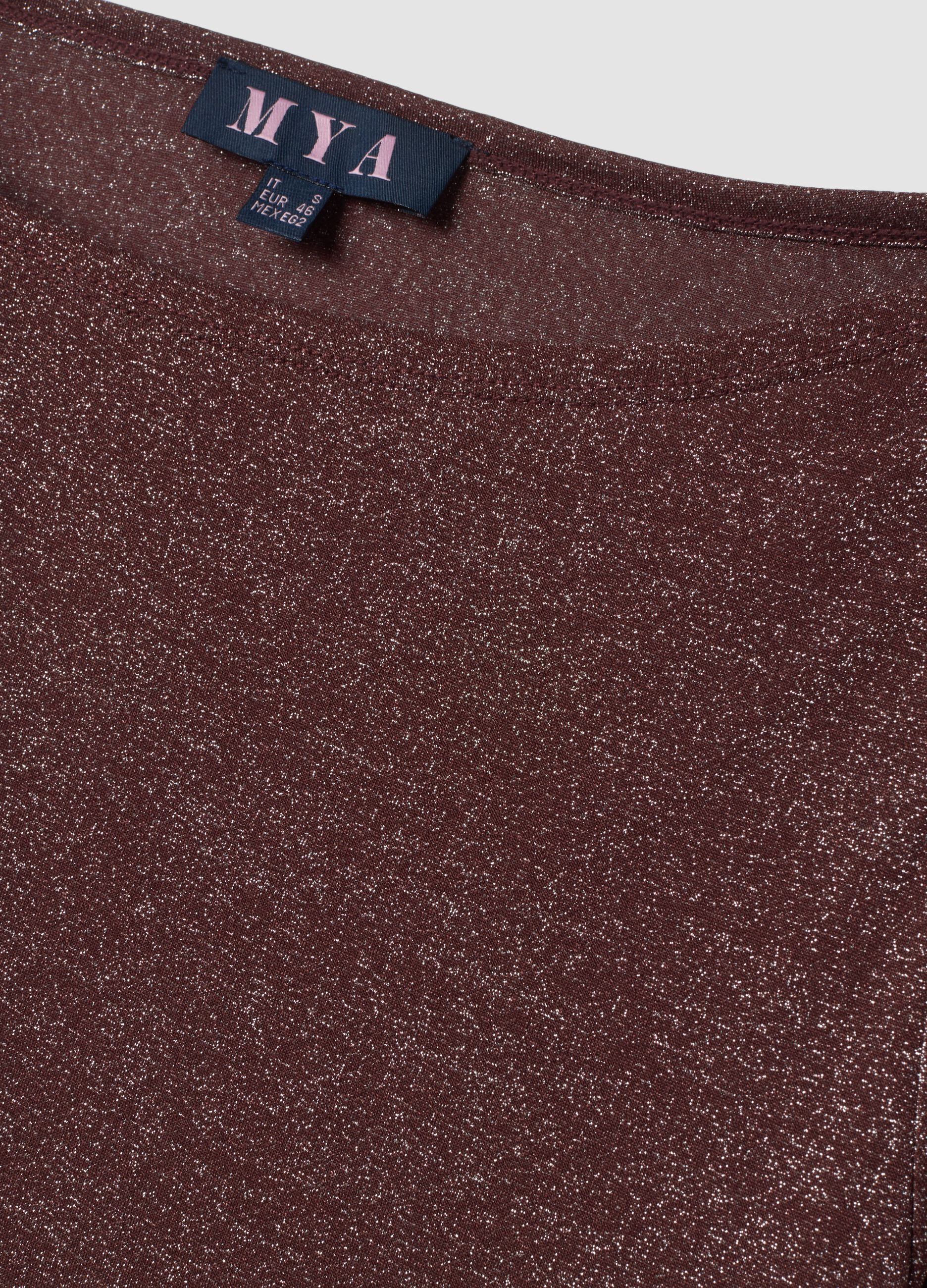Brown boat-neck T-shirt with lurex threads