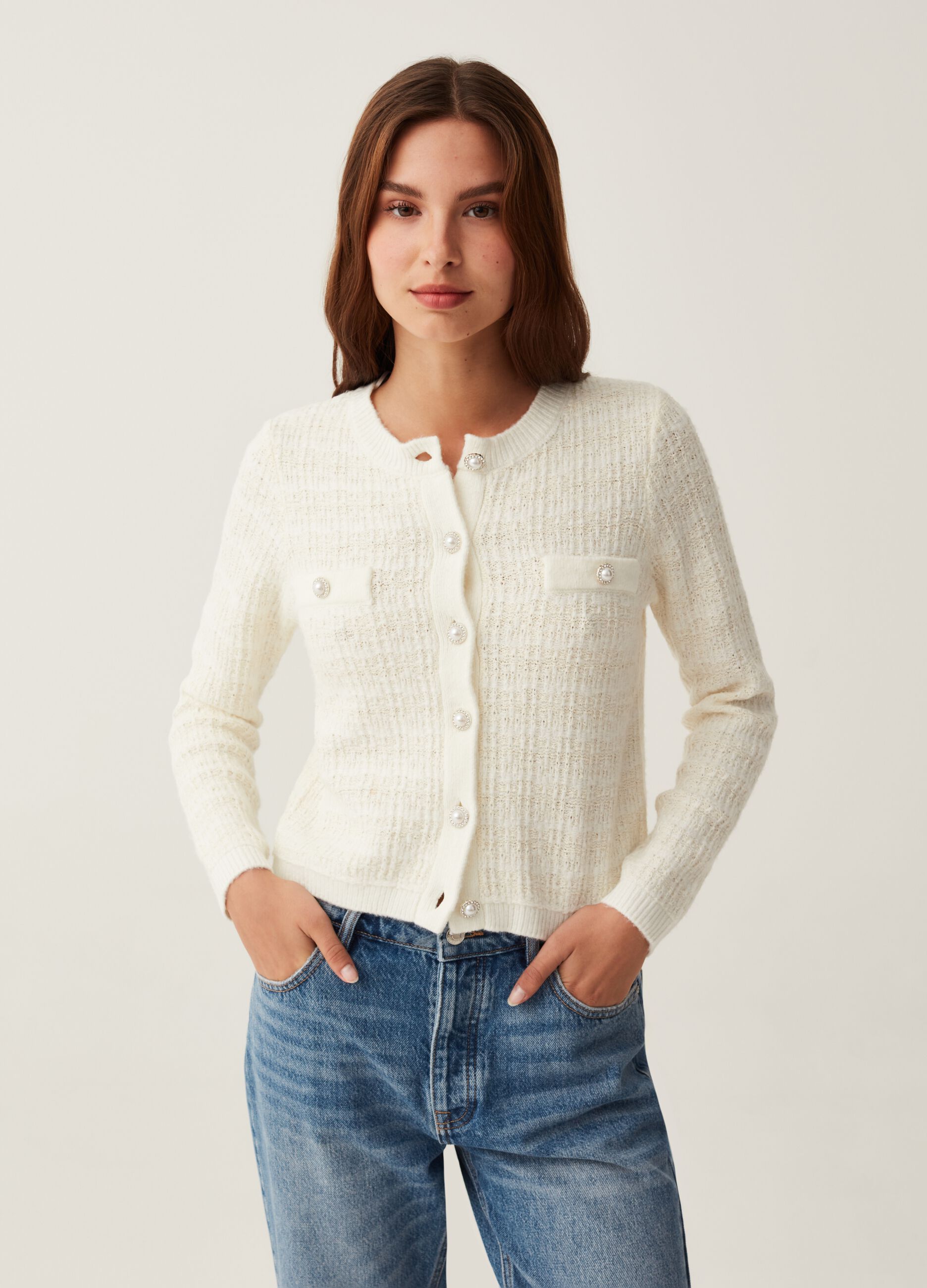 Cardigan lavorato con bottoni gioiello_0