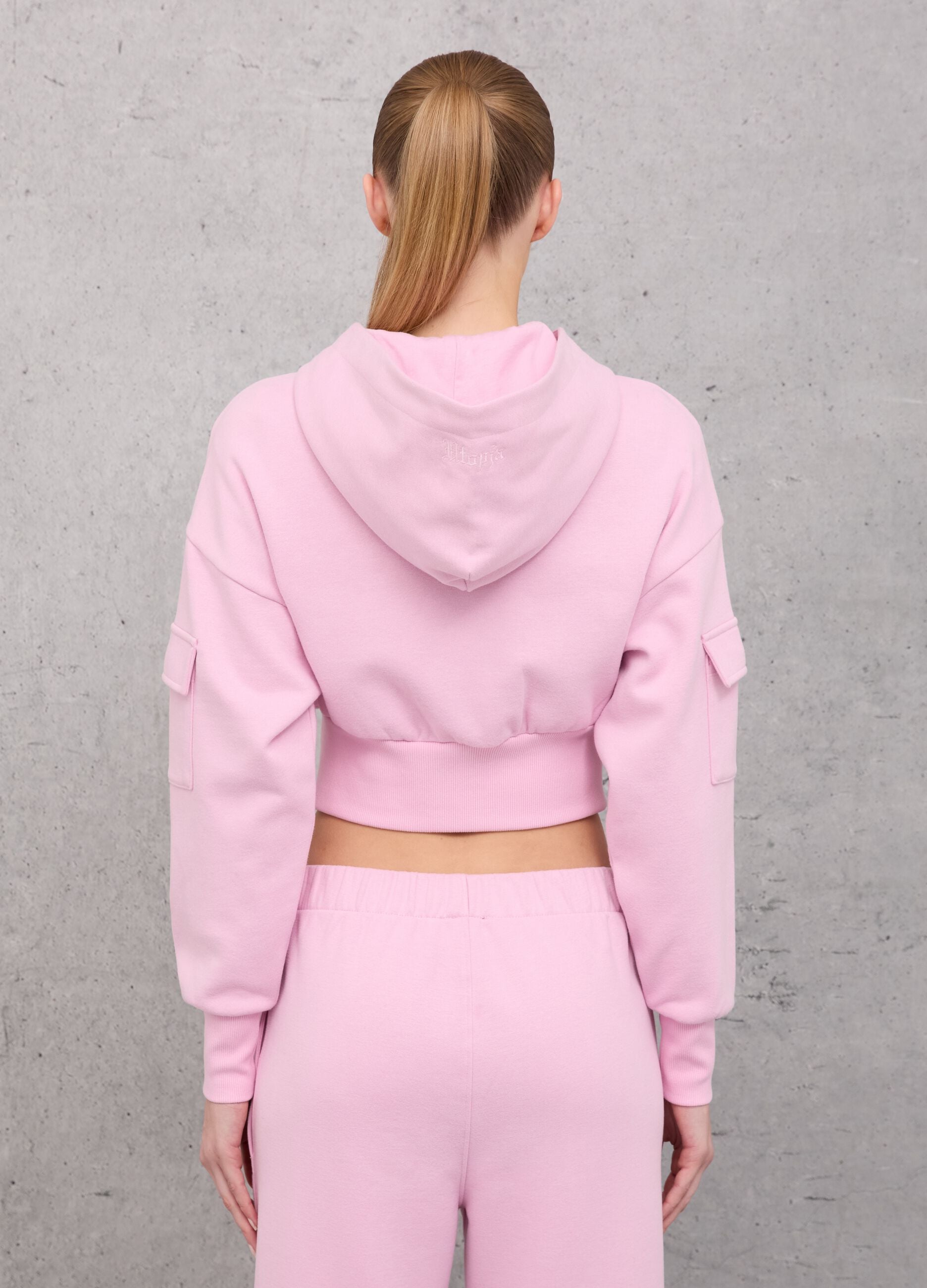 Crop Cargo Zip Hoodie Light Pink