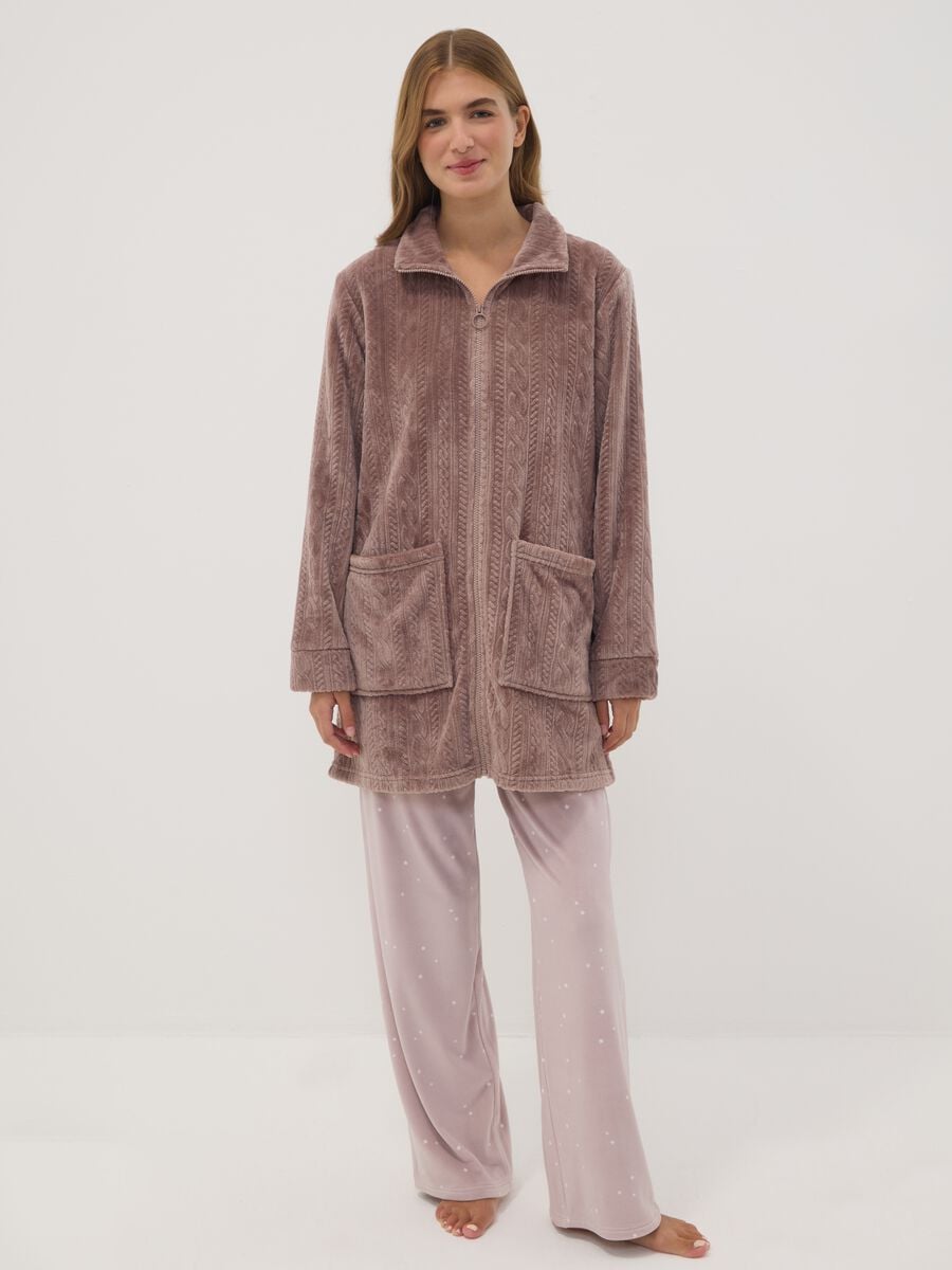 Vestaglia rosa con zip e motivo a trecce_1