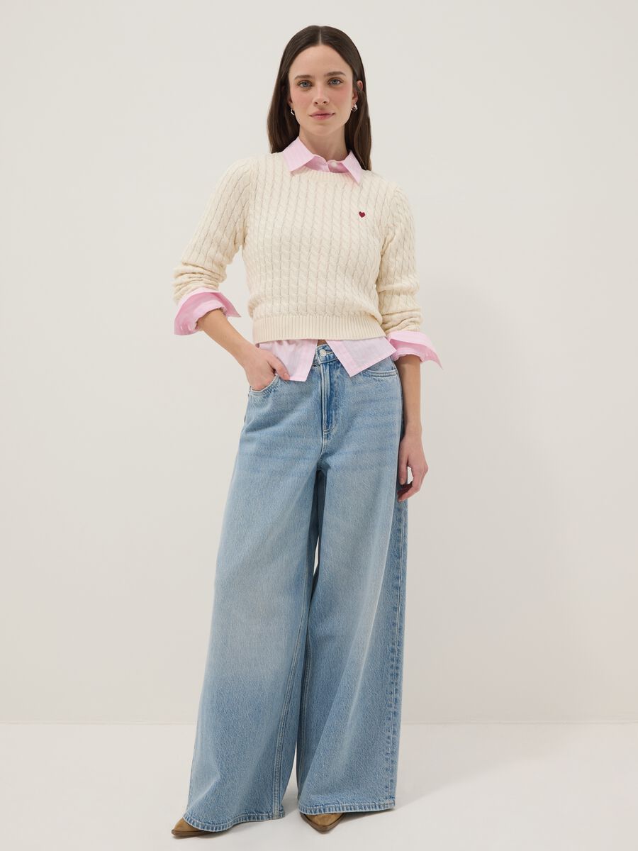 Pullover in puro cotone bianco regular fit con motivo a treccia_2