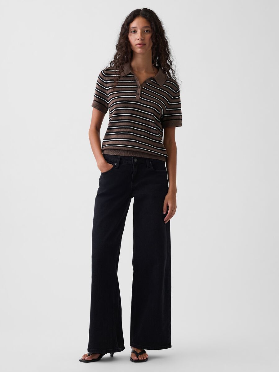 Brown pure cotton striped polo knit top_2