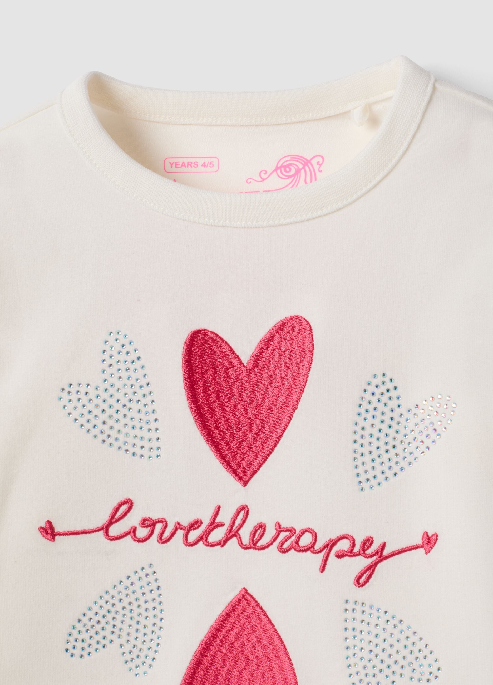 White stretch-cotton regular-fit T-shirt with embroidered hearts