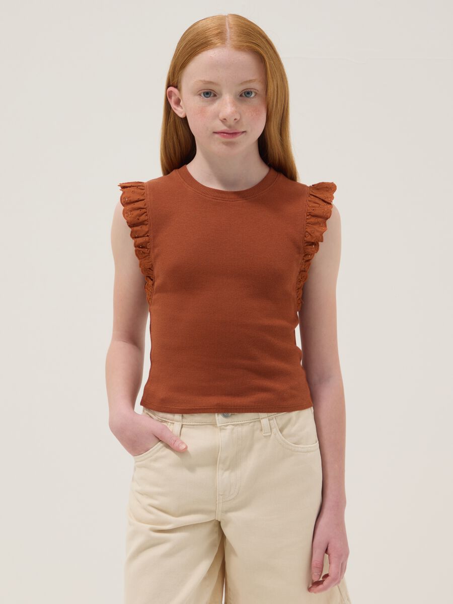 Brown stretch cotton T-shirt with ruffles_0