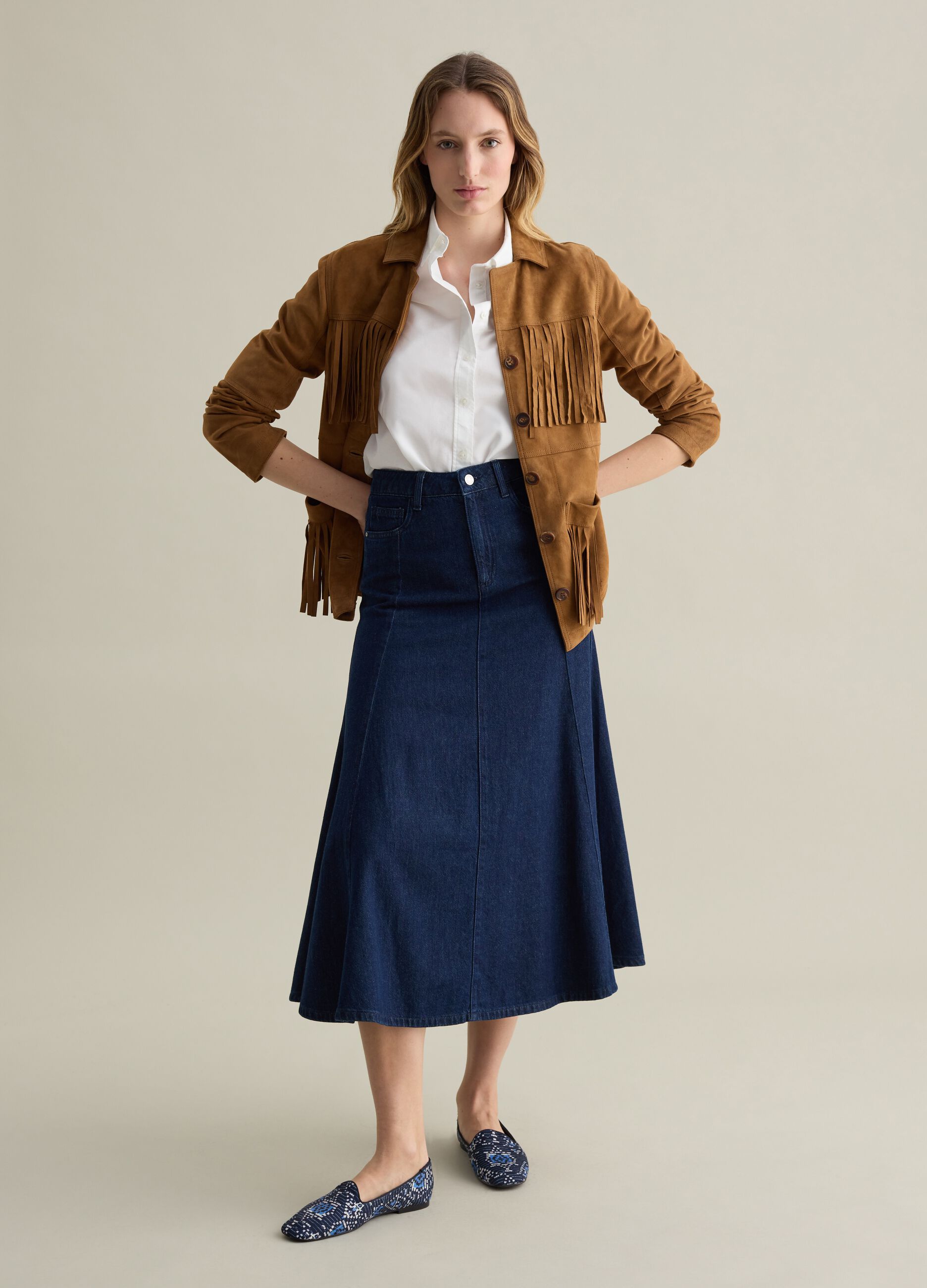 Giacca sahariana cammello in vera pelle con frange