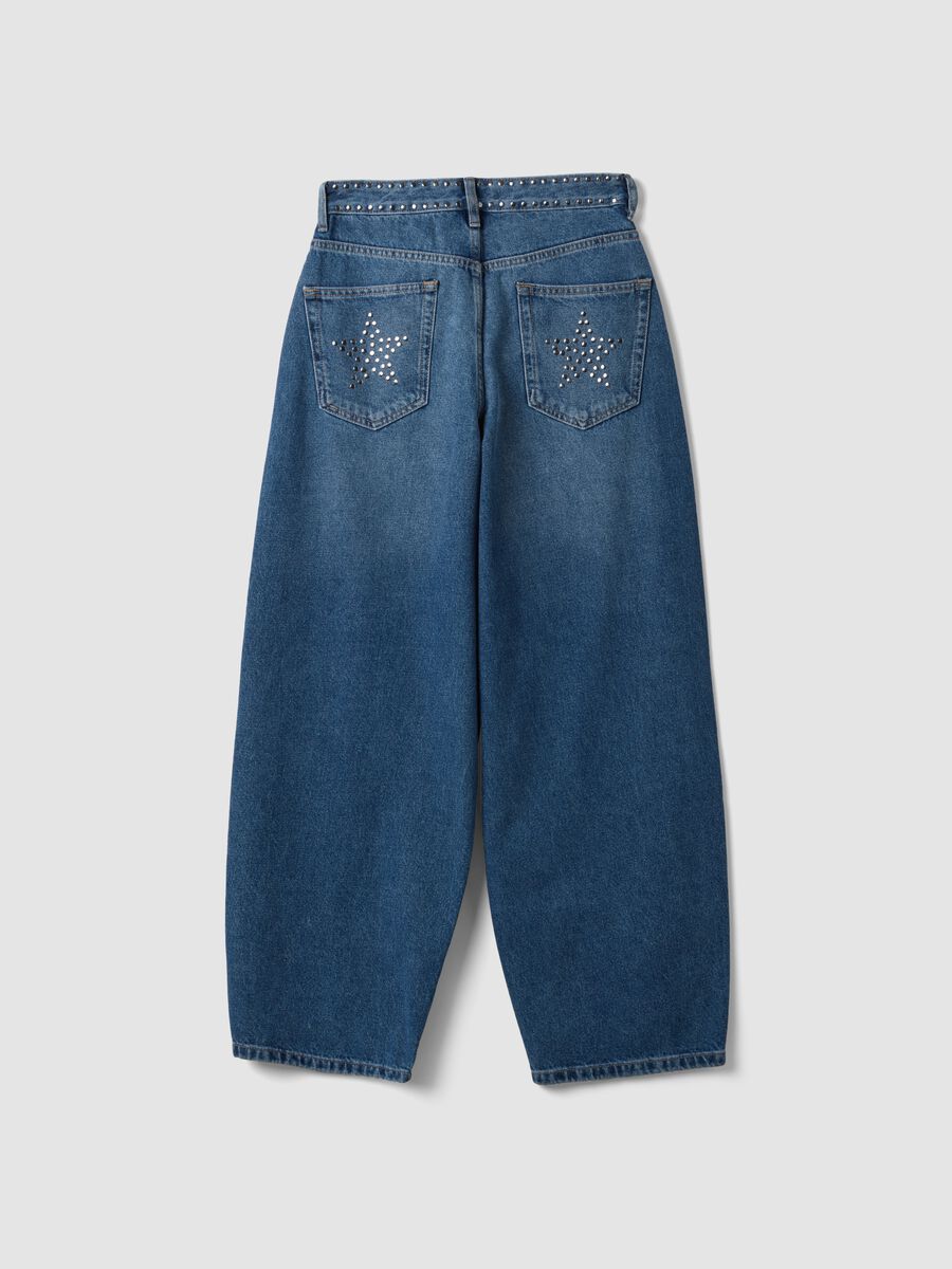 Jeans blu in puro cotone skater fit con strass_1
