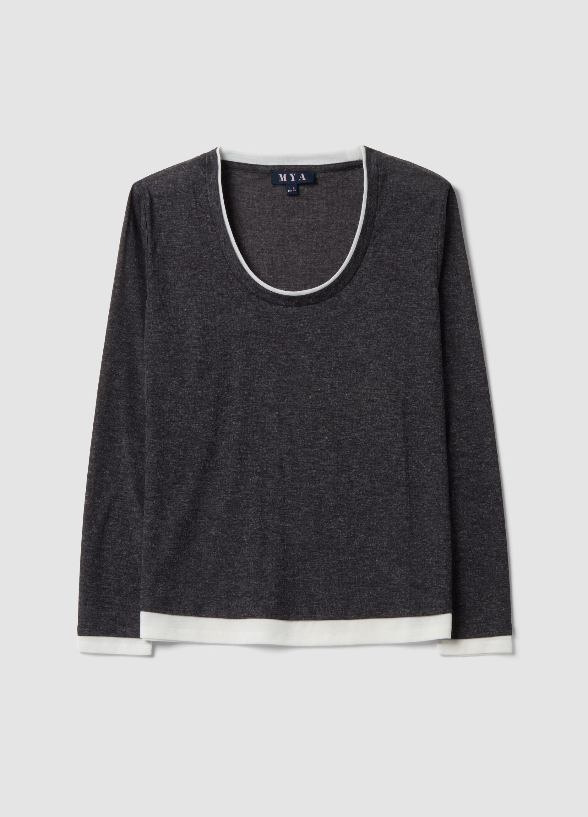 Grey viscose-blend T-shirt with white contrast crew neck, regular fit