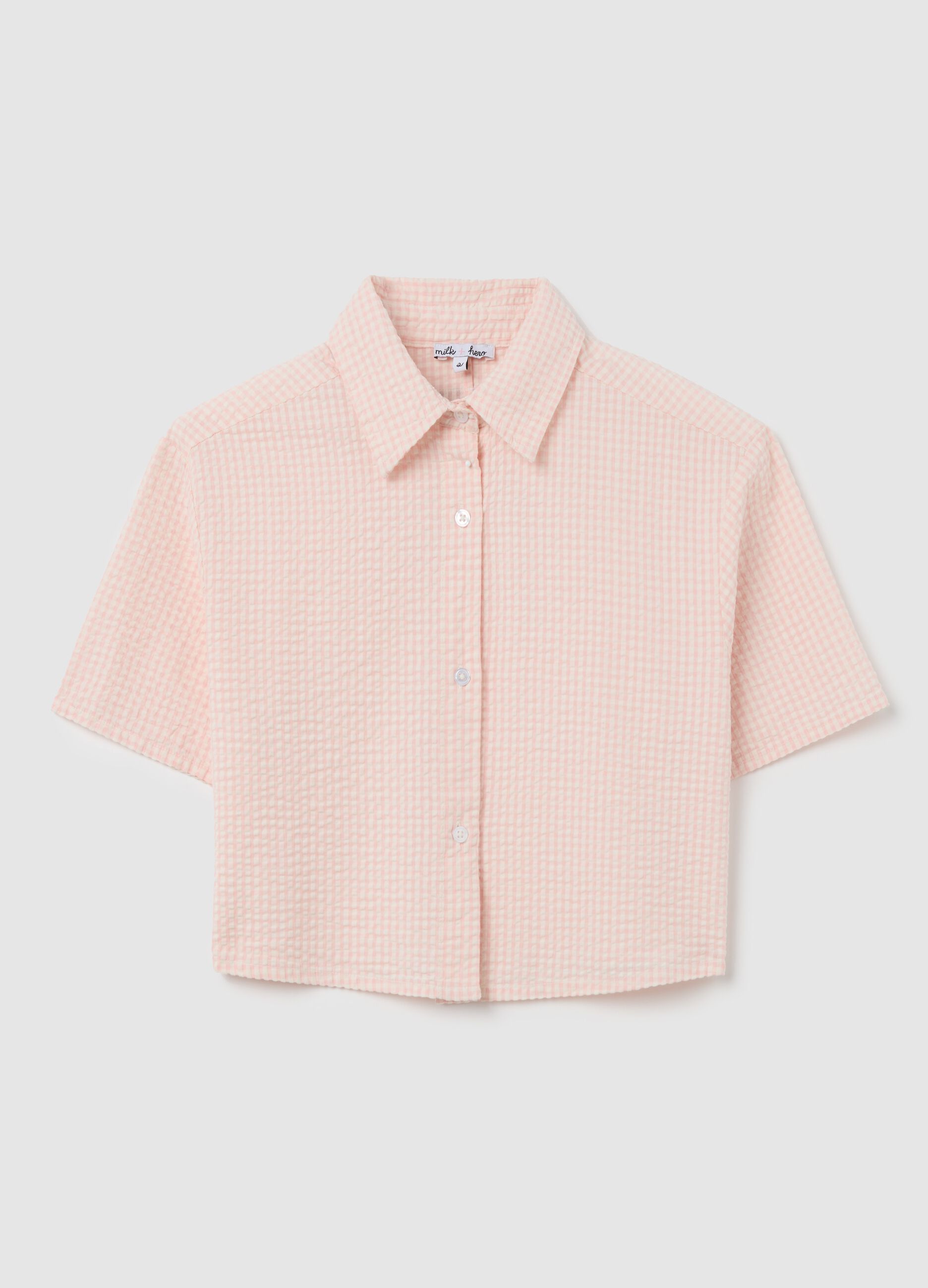 Camicia cropped in seersucker Vichy