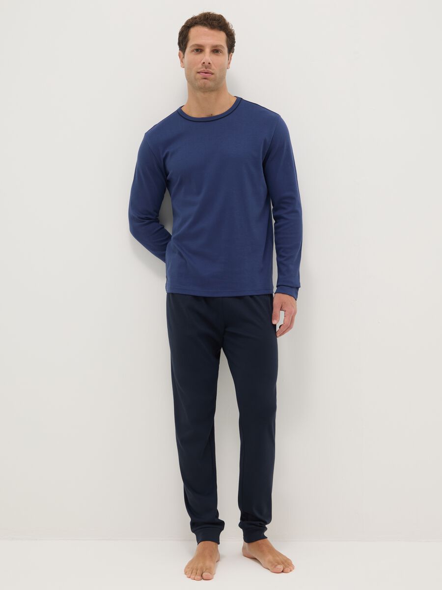 Blue crew-neck pyjama with long sleeves in pure cotton regular fit_0