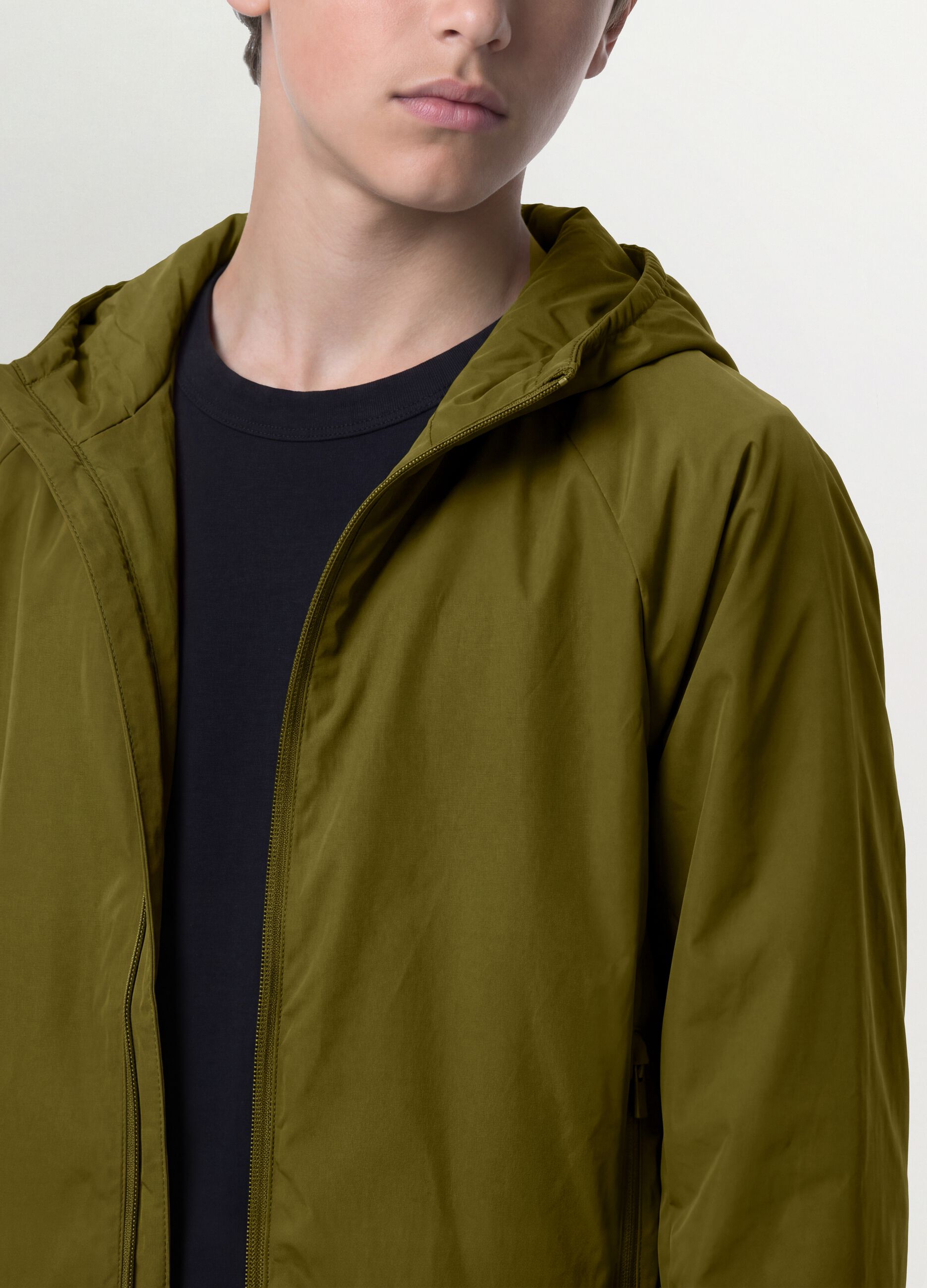 Green hooded rain jacket with zip for boys