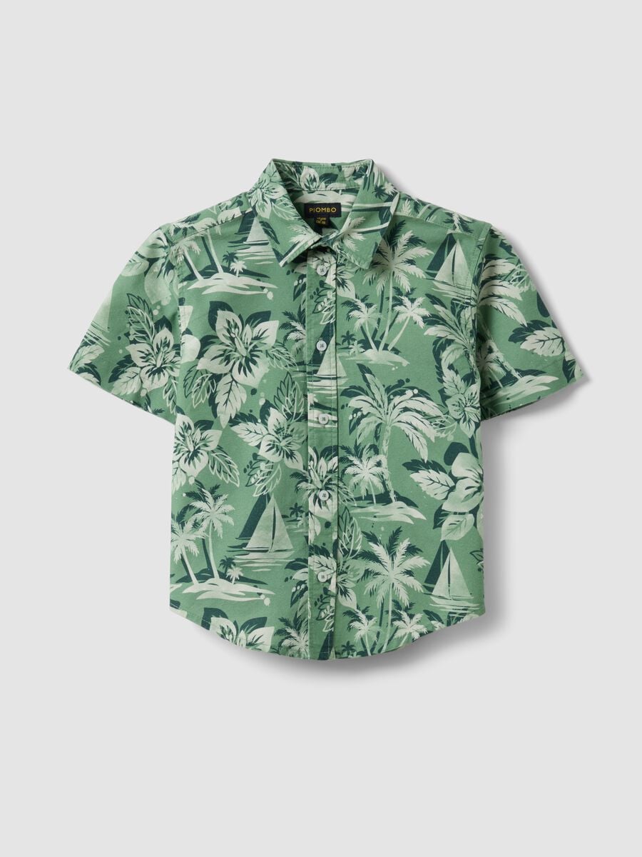 Camicia verde in puro cotone con stampa tropicale over fit_0
