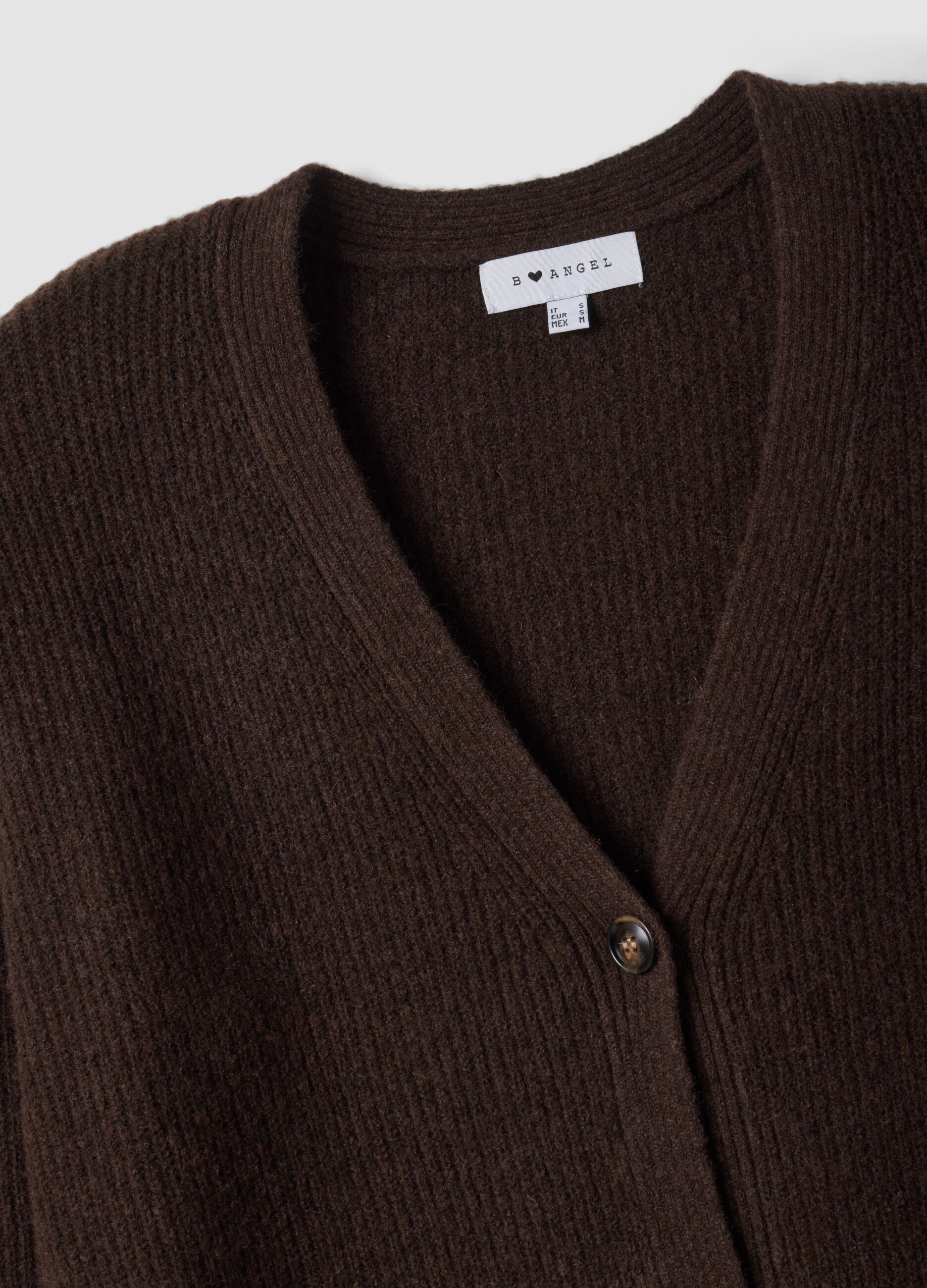 Brown stretch-fabric cardigan with deep V-neck