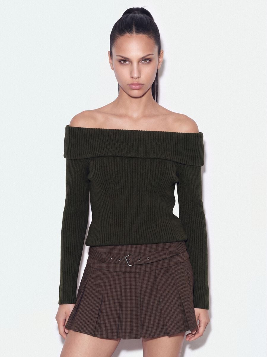 Green fitted stretch-wool boat-neck top_0