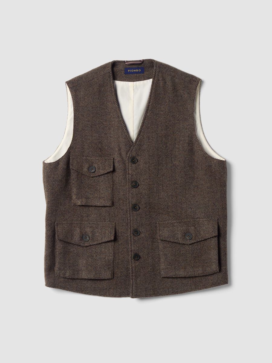 Brown herringbone wool and viscose blend waistcoat_4