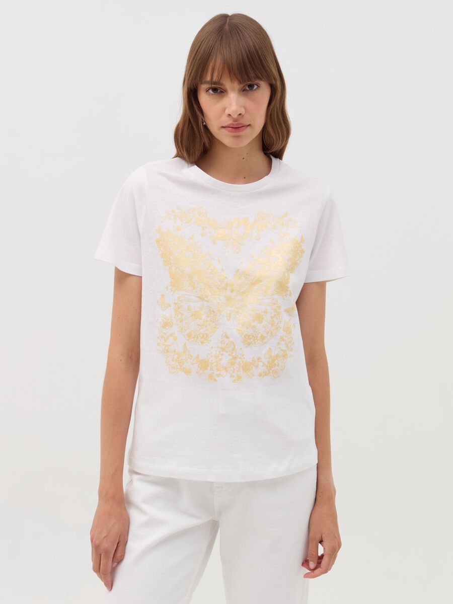 T-shirt with butterflies and flowers print_0