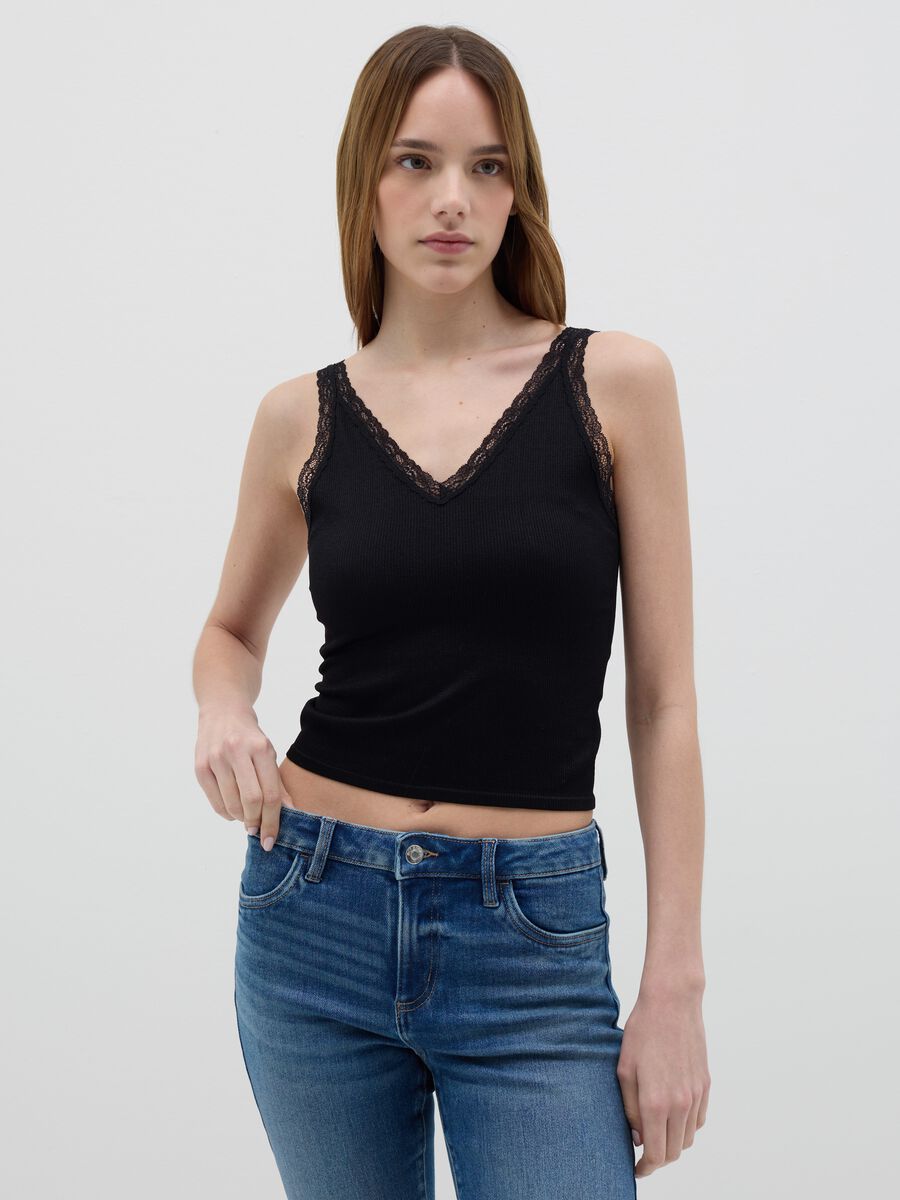 Ribbed black tank top with lace_0
