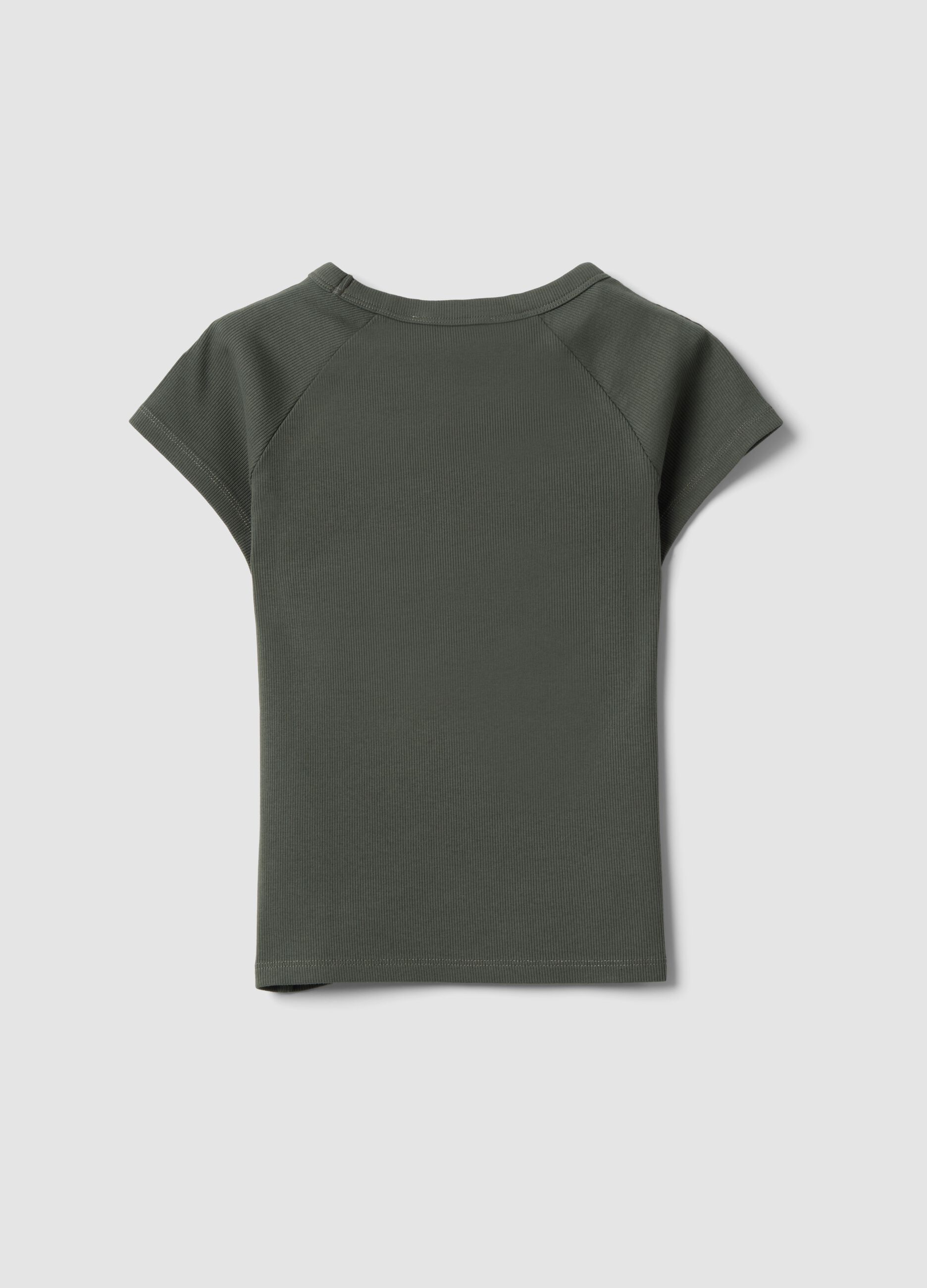 Green fitted ribbed stretch-cotton T-shirt with studs