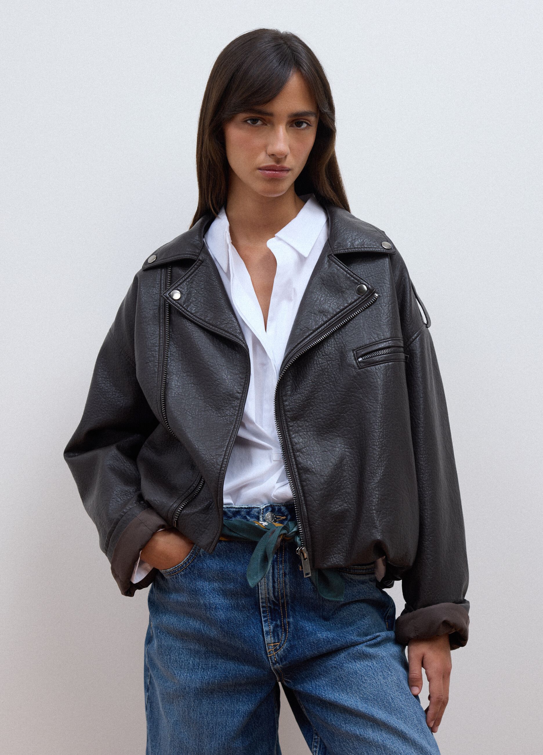 Giacca marrone biker in misto viscosa