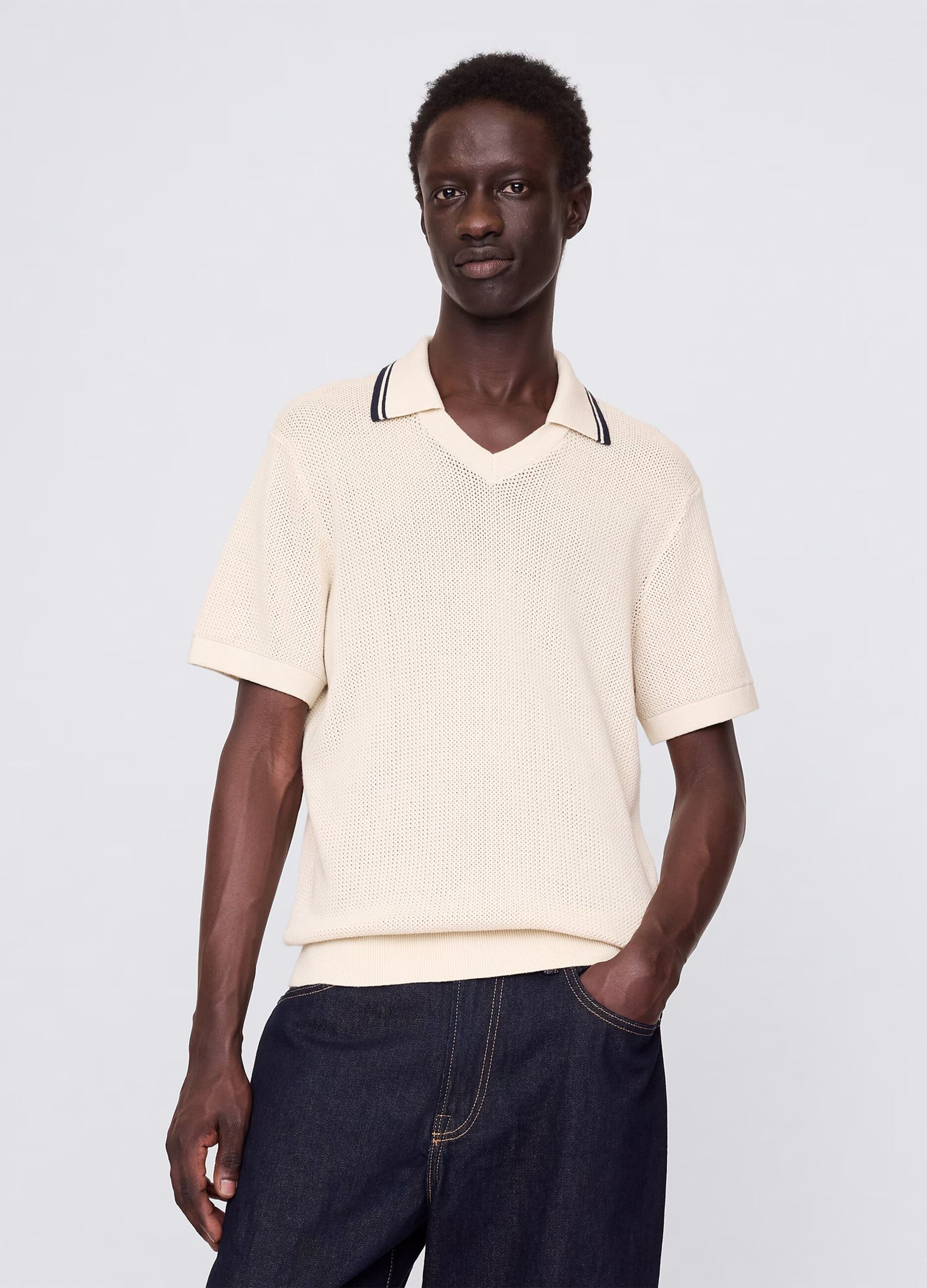 Openwork polo shirt in beige cotton