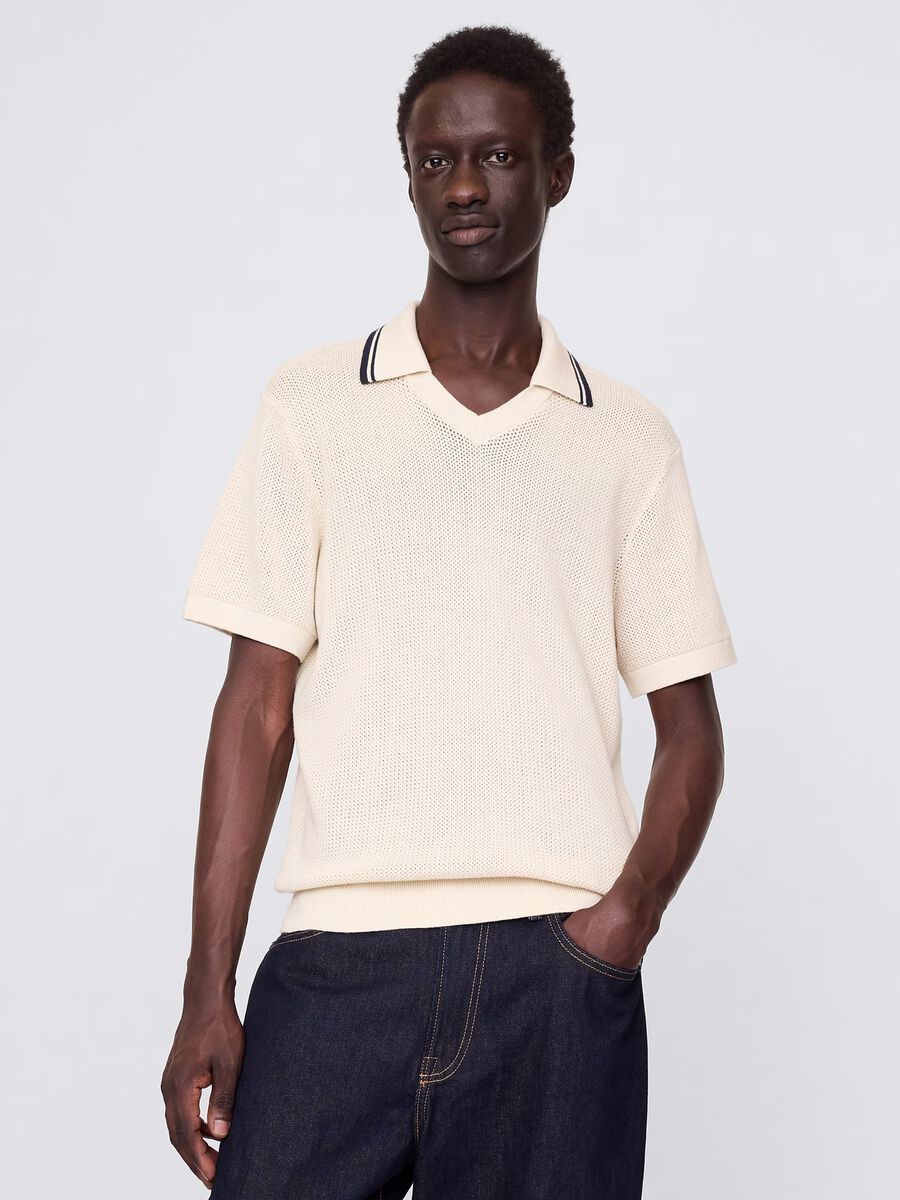 Openwork polo shirt in beige cotton_0