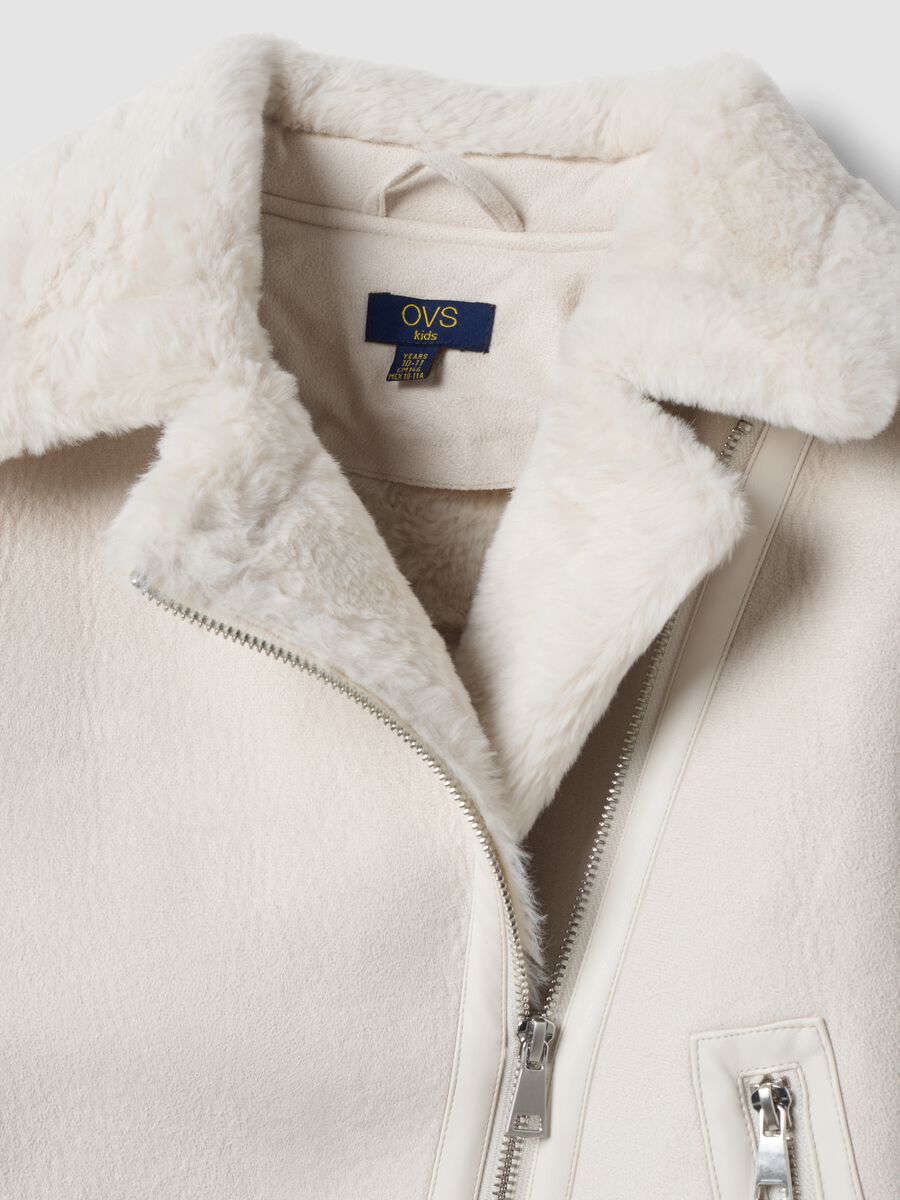 White slim-fit jacket with diagonal zip and shearling-effect trims_2