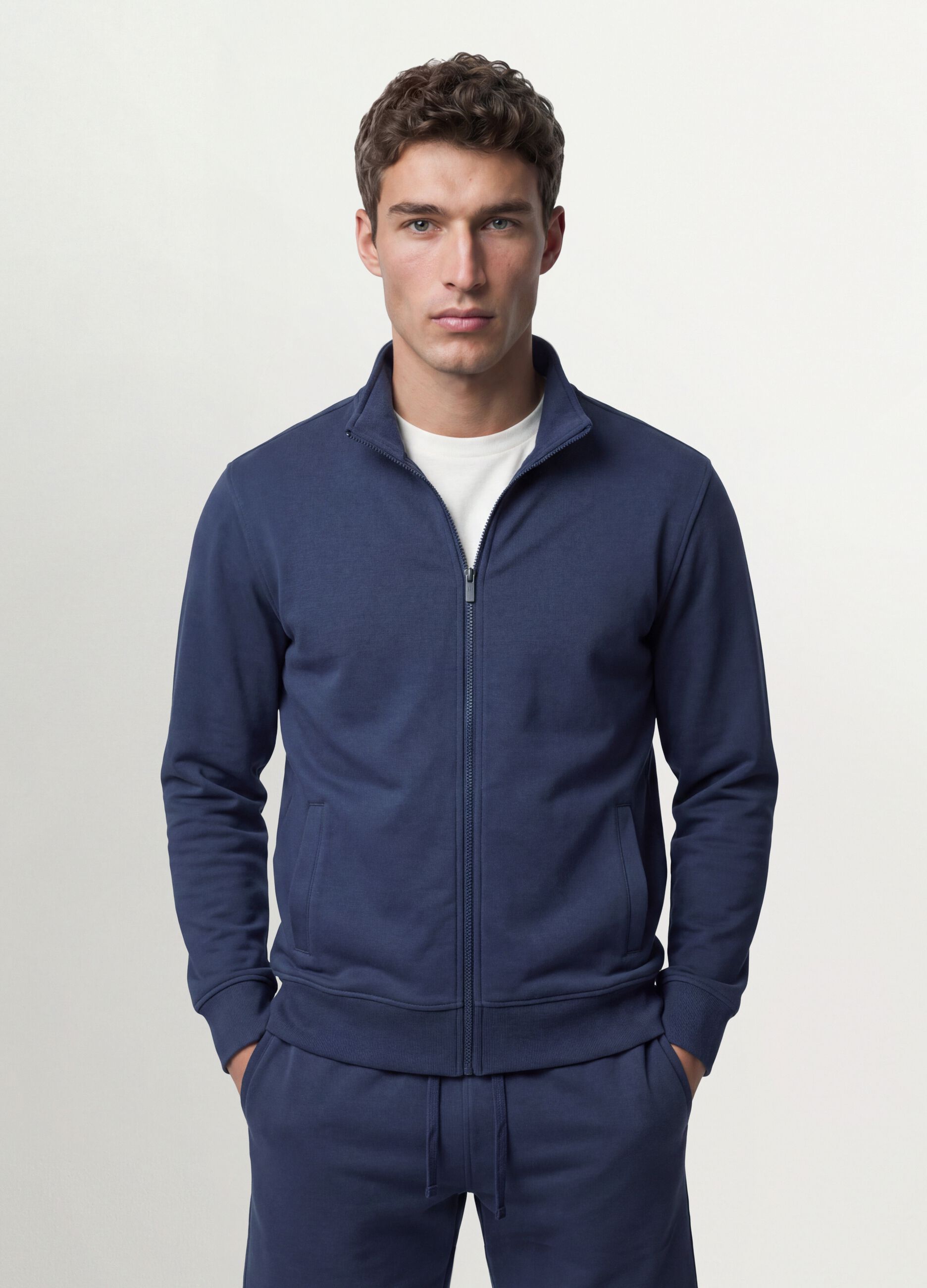 Grey cotton-blend sweatshirt with crew neck and zip, regular fit