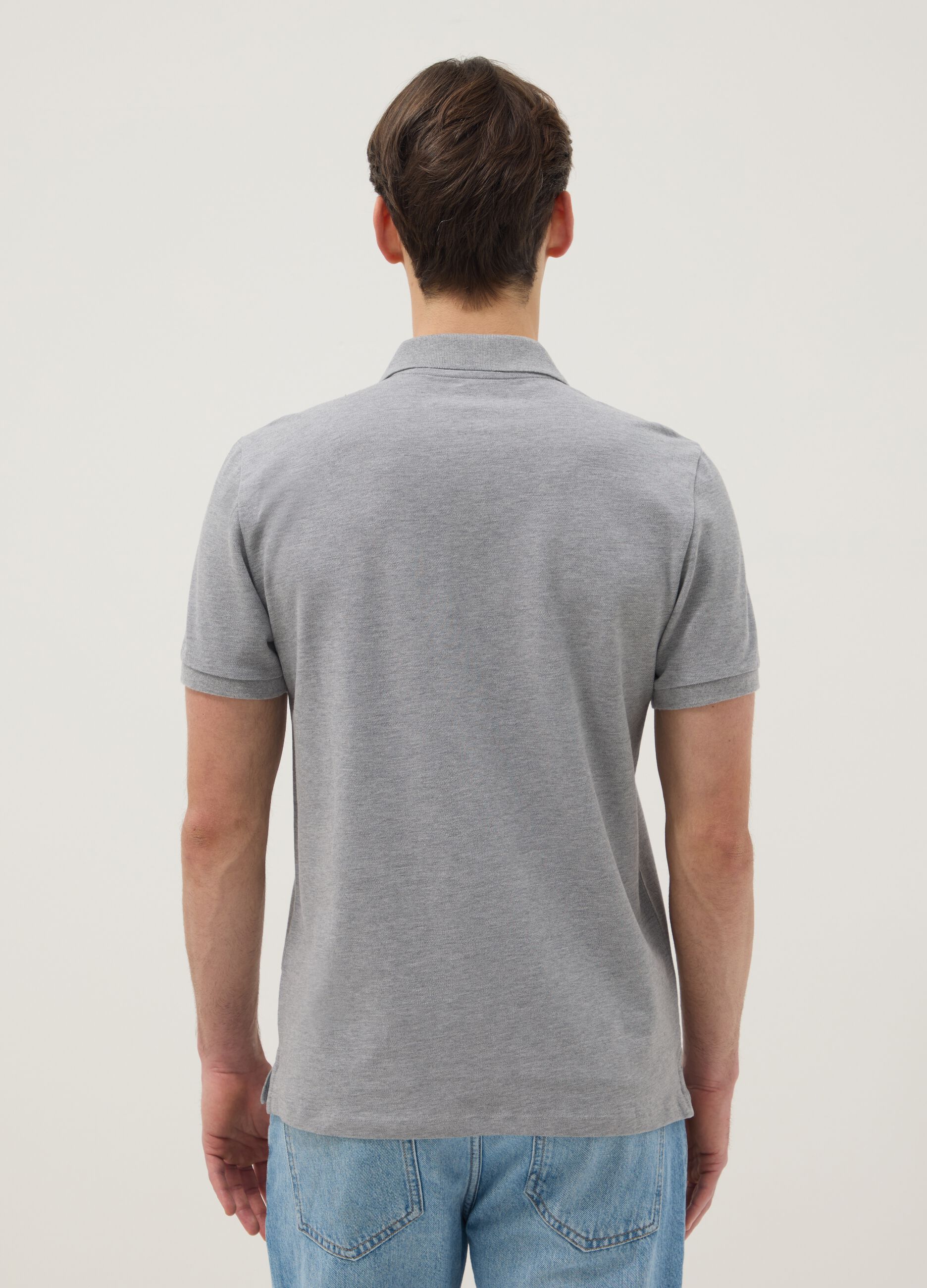 Grey pure cotton short-sleeve polo shirt, regular fit