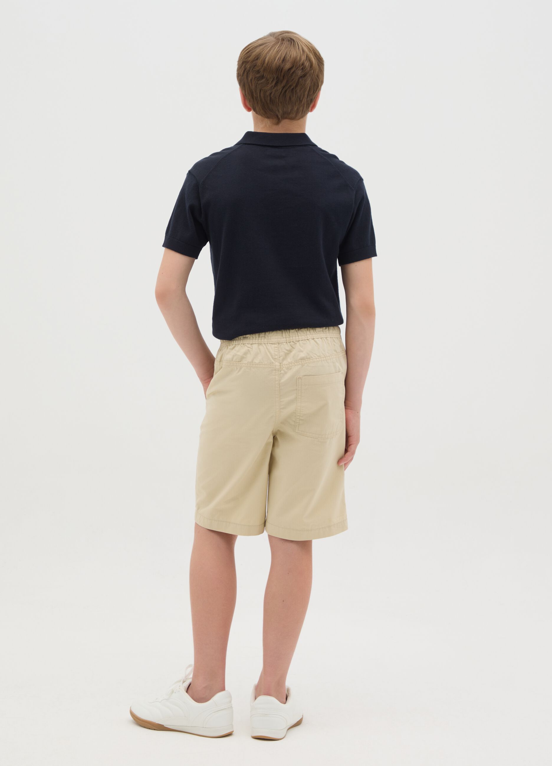 Shorts beige in cotone con coulisse 