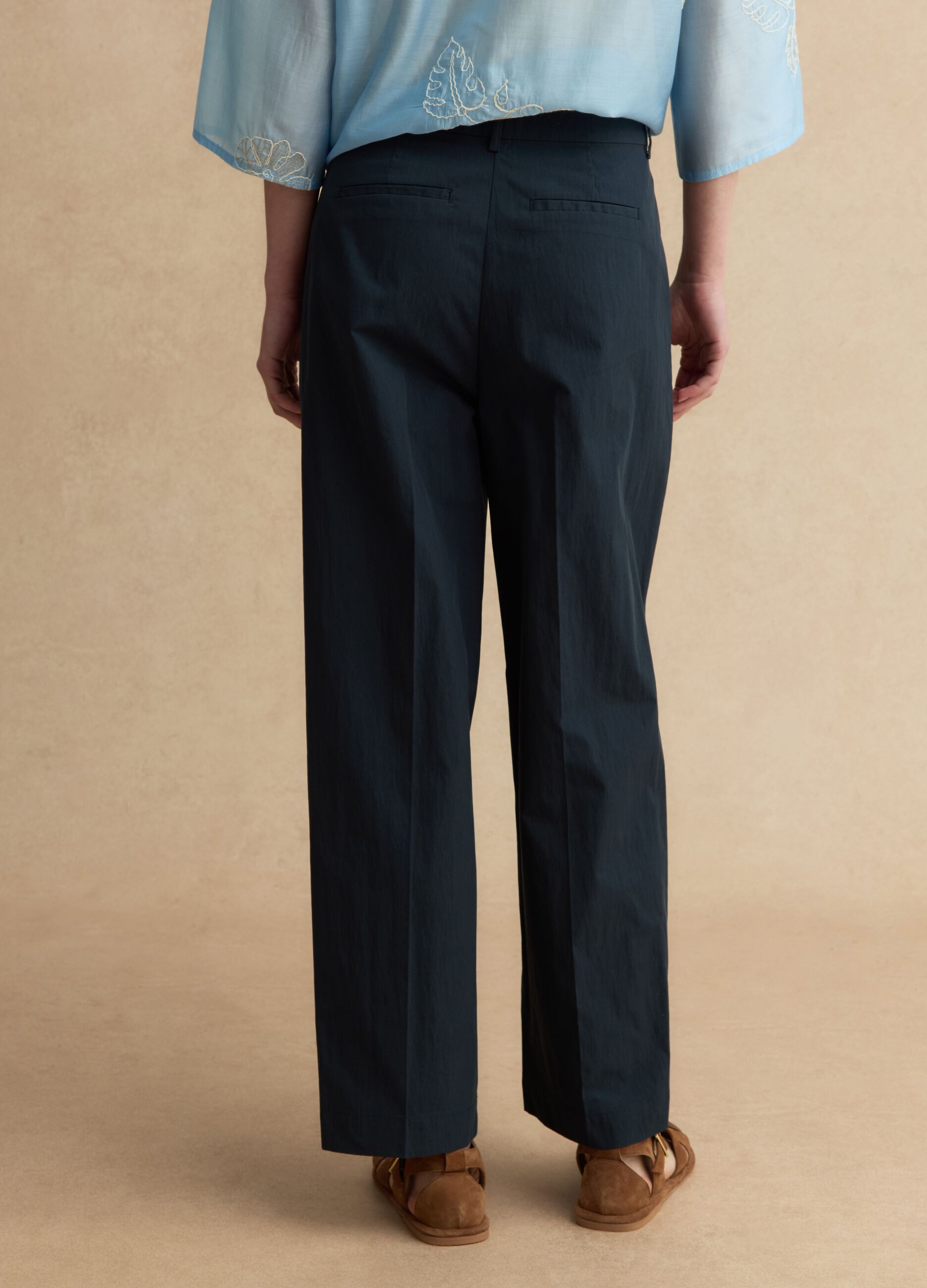 Blue cotton blend straight fit trousers