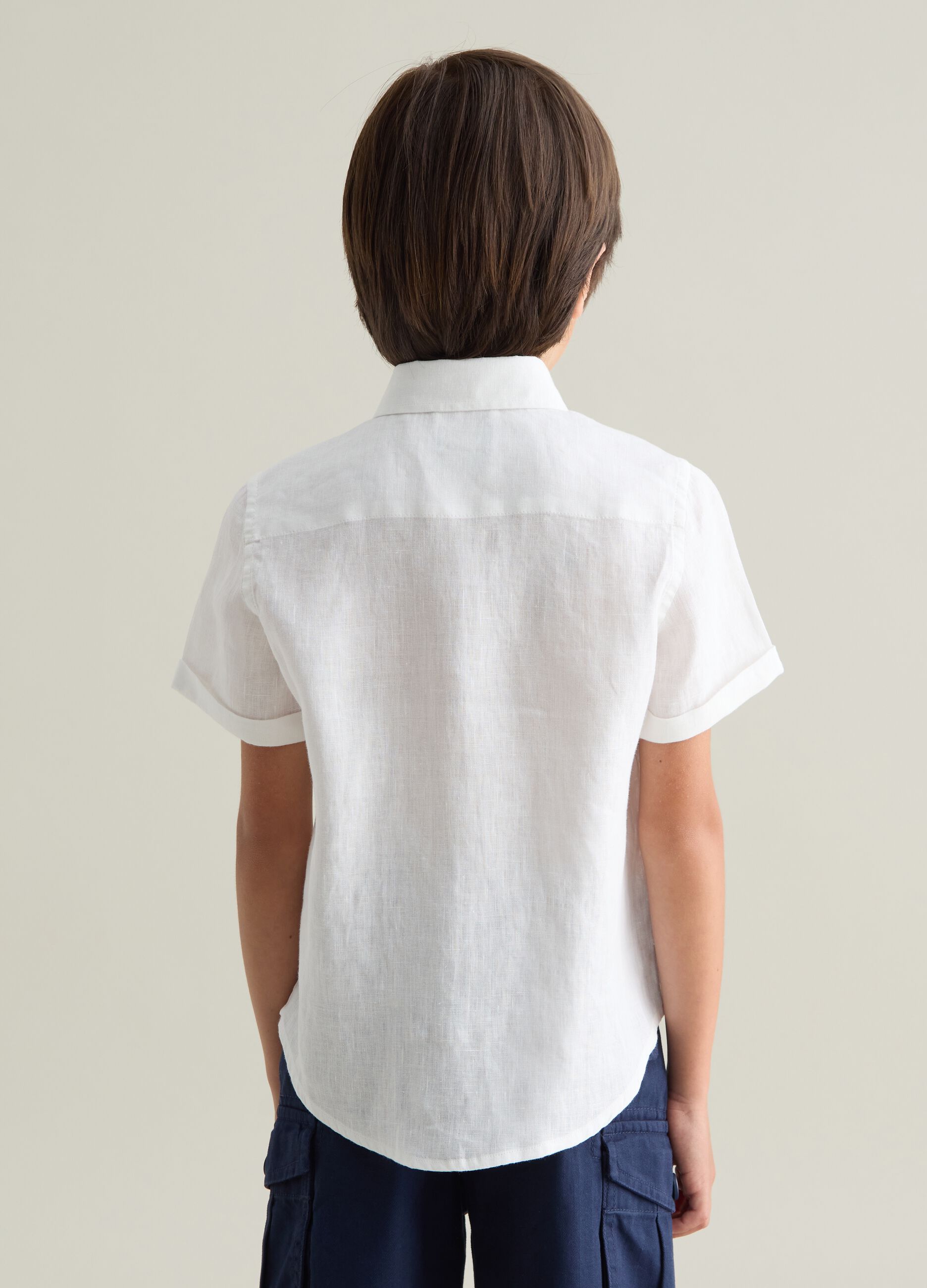 Children's white pure linen shirt with classic collar and oversized fit