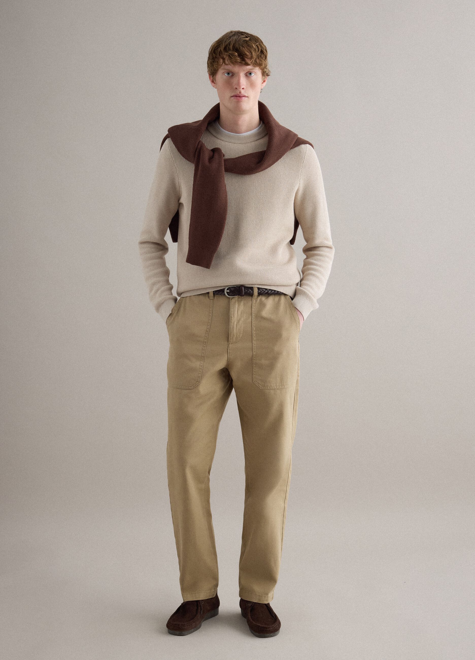Beige Regular Fit Cotton and Linen Trousers