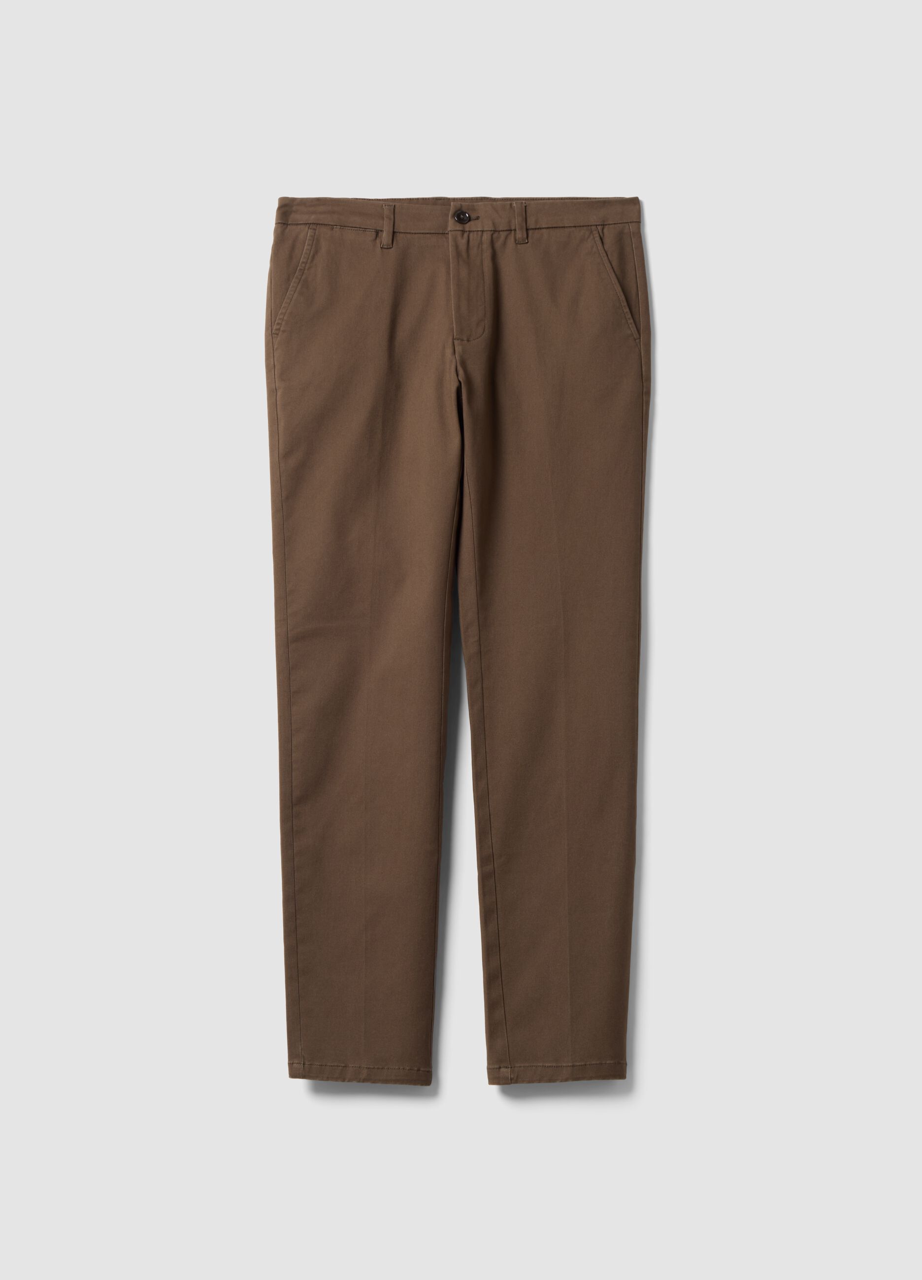 Pantaloni chino marrone in twill di cotone elasticizzato slim fit