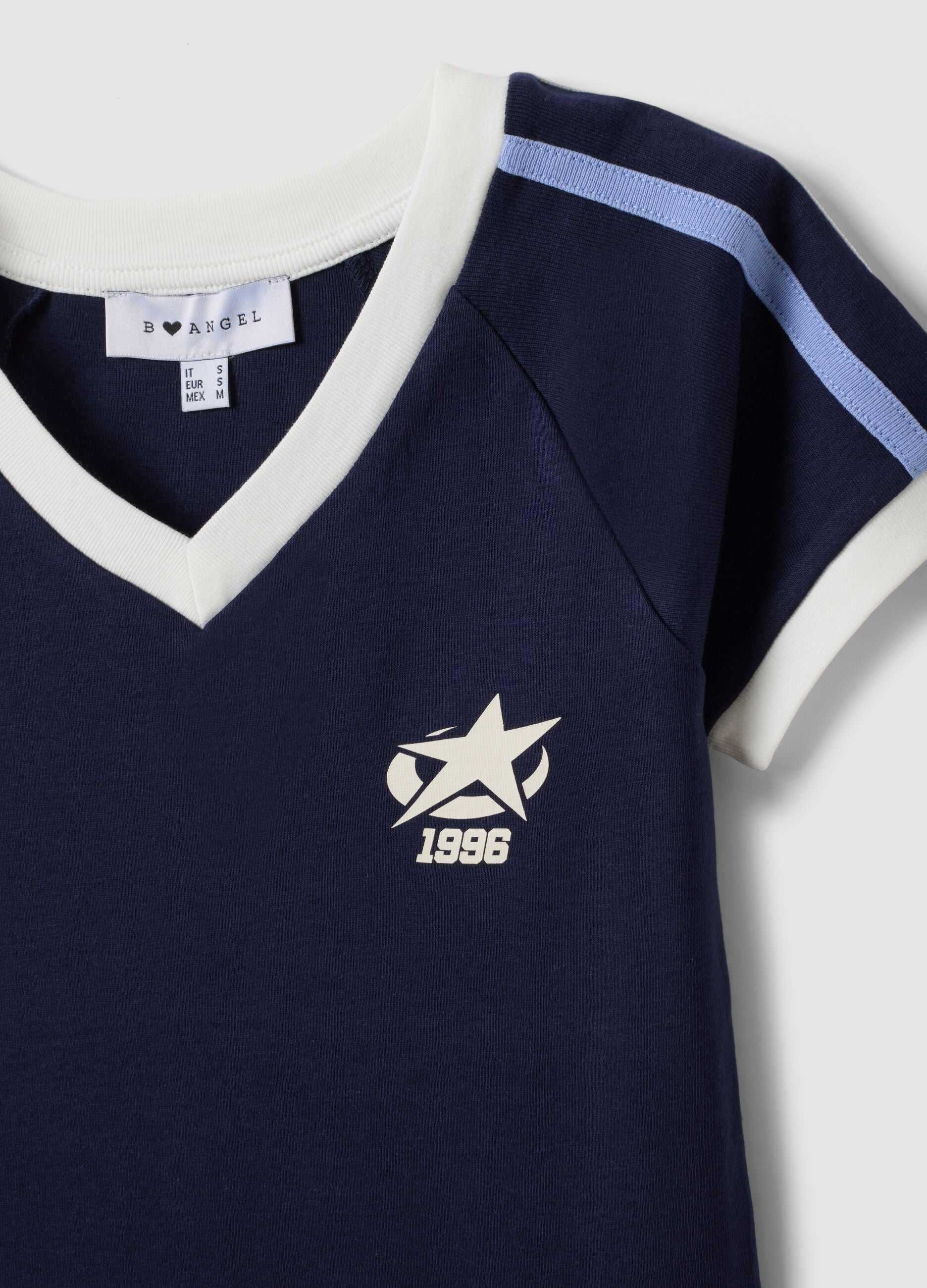 Blue pure cotton V-neck T-shirt with front print