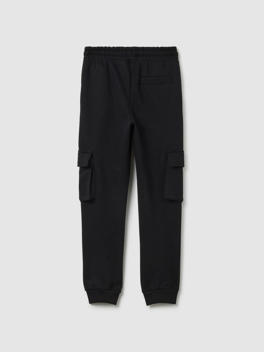 Children's black cotton blend trousers with cargo pockets_1