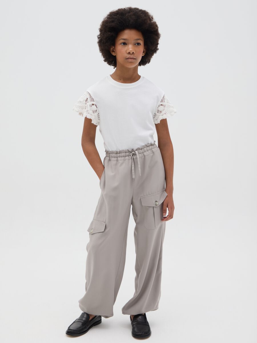 Girls' beige viscose blend regular fit jogger trousers with cargo pockets_1