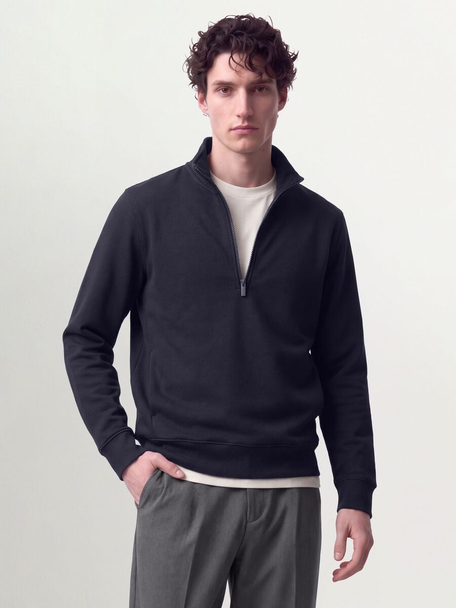 Blue cotton-blend half-zip crew-neck sweatshirt_0