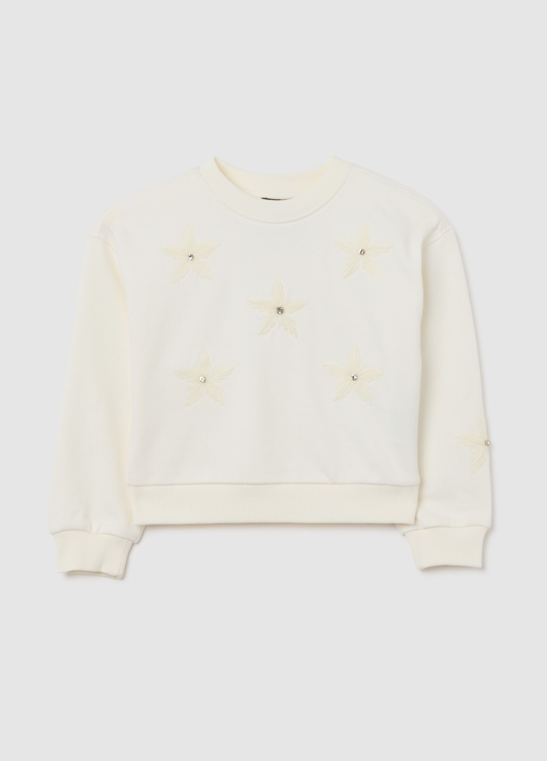 White Sweatshirt with Floral Embroidery