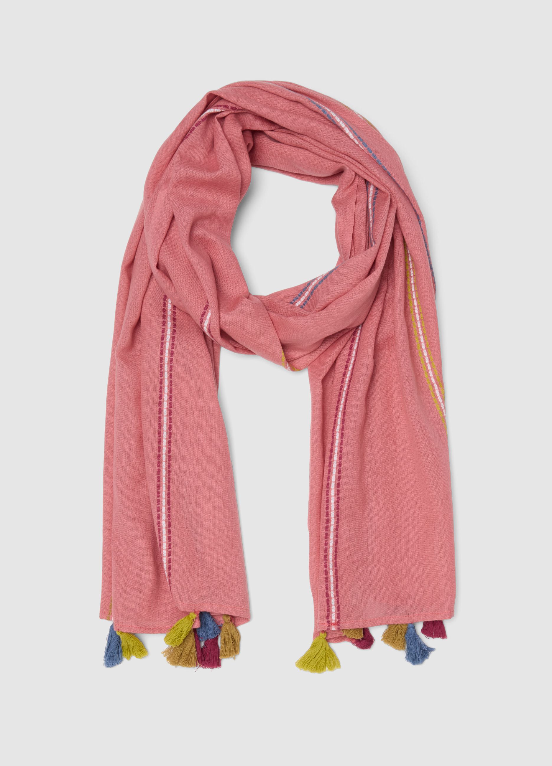 Pink pure cotton scarf with multicolour fringes