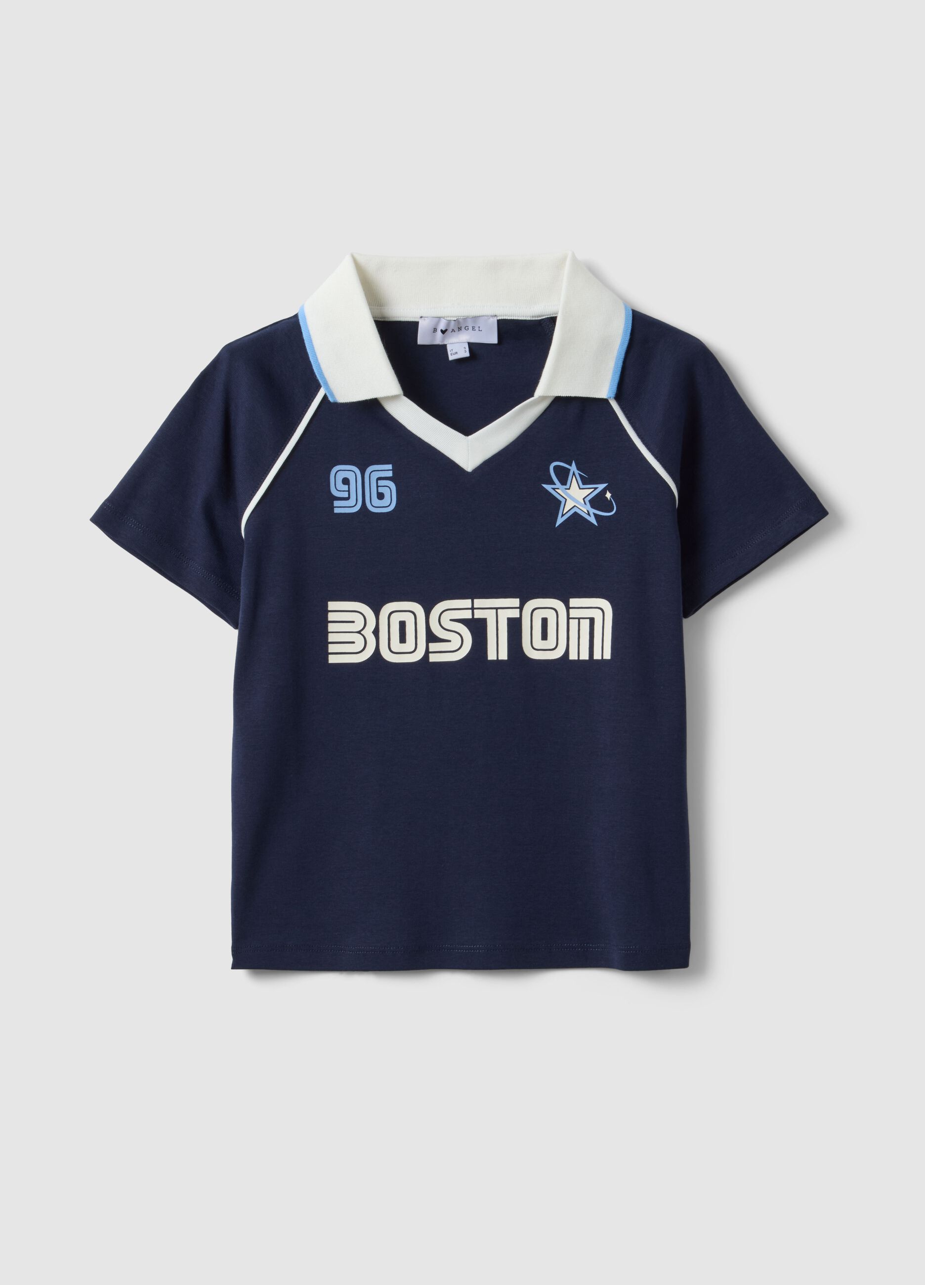 Blue pure cotton regular fit polo neck T-shirt with print
