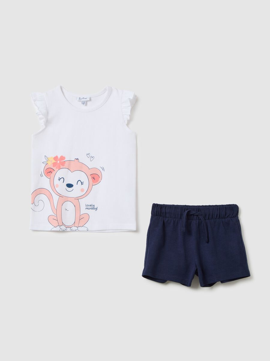 Girls' summer set in pure white cotton, regular fit with blue shorts_0
