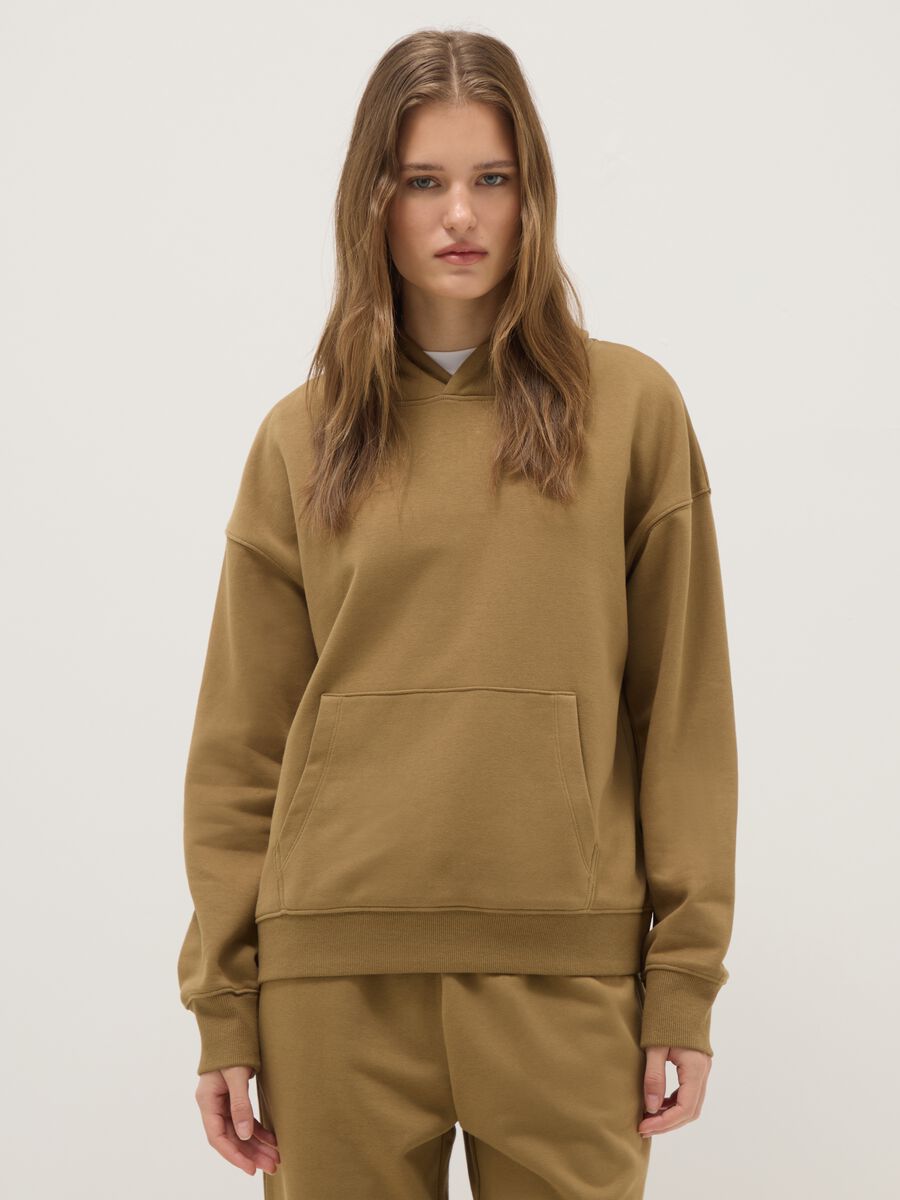 Felpa in misto cotone beige regular fit con cappuccio_0
